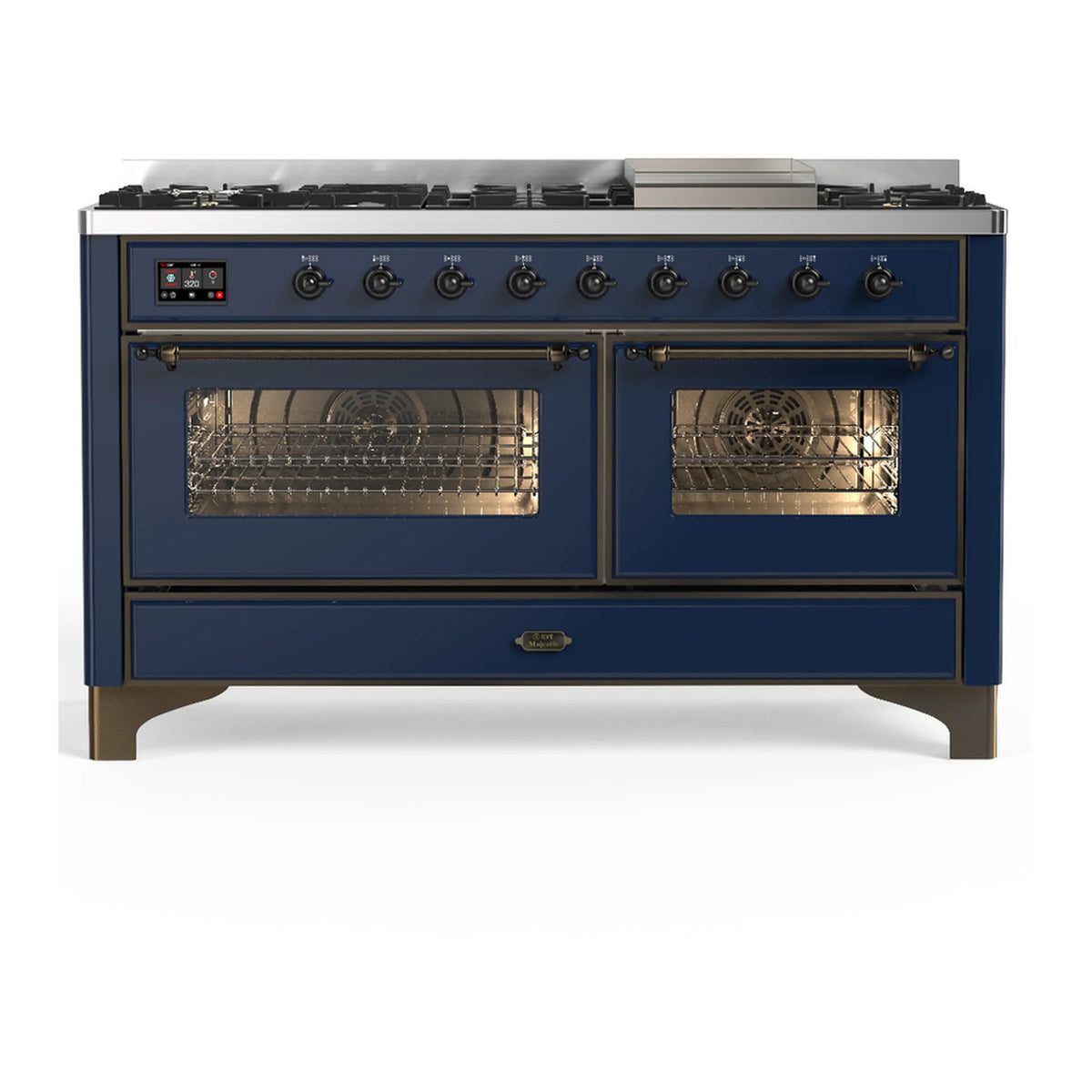 ILVE Majestic III 60-Inch NG Dual Fuel Range, 7 Burners, Griddle, Triple Glass Door Oven, Midnight Blue with Burnished Trim (UM60FNR3MBB)