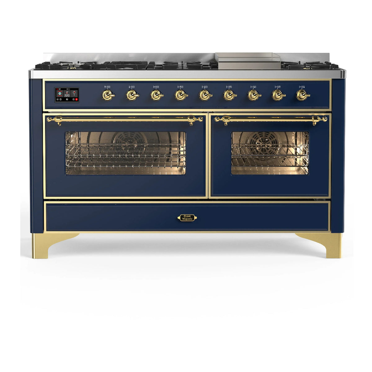 ILVE Majestic III 60-Inch NG Dual Fuel Range, 7 Burners, Griddle, Triple Glass Door Oven, Midnight Blue with Brass Trim (UM60FNR3MBG)