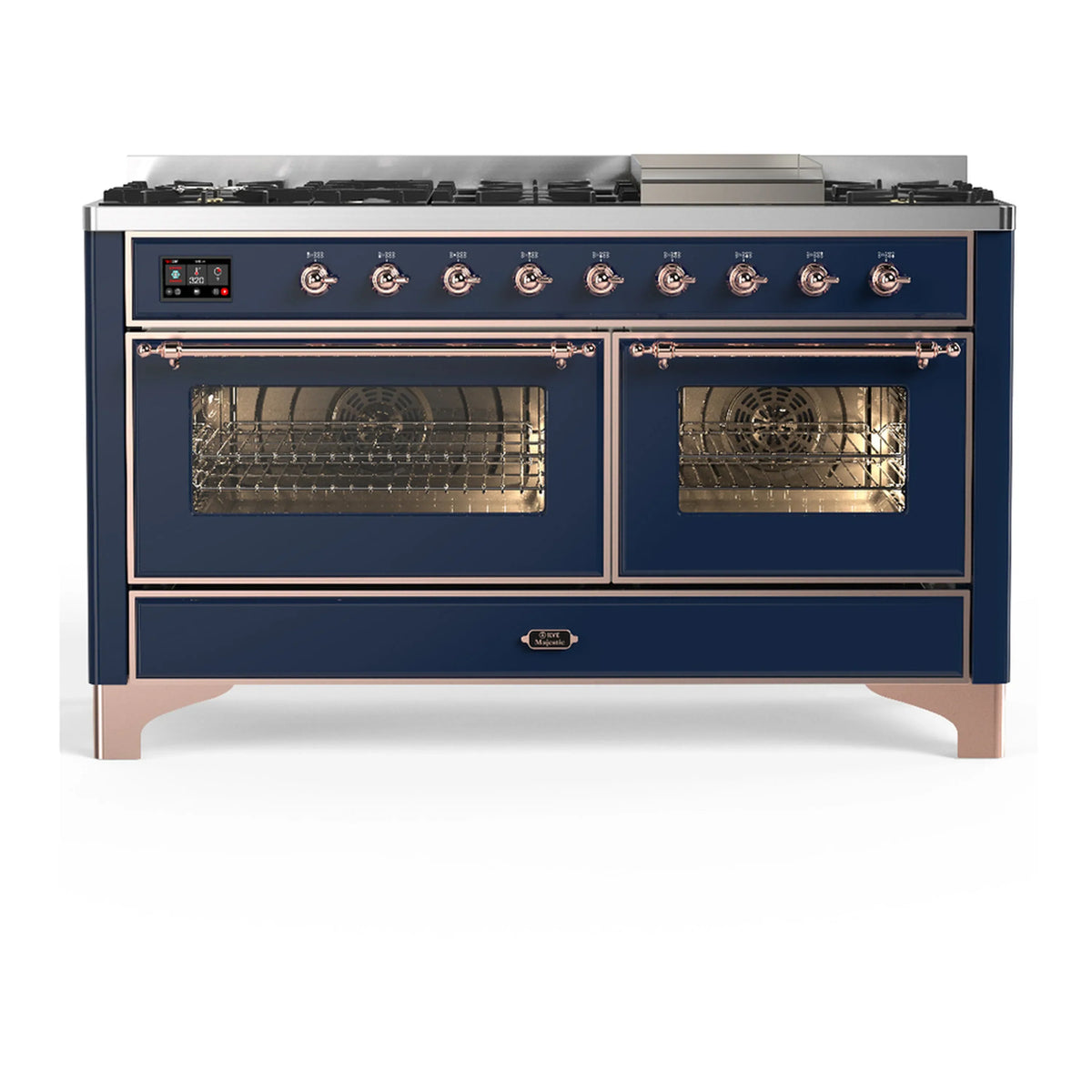 ILVE Majestic III 60-Inch LP Dual Fuel Range, 5 Burners, Griddle, Triple Glass Door Oven, Midnight Blue with Copper Trim (UM60FNR3MBPLP)