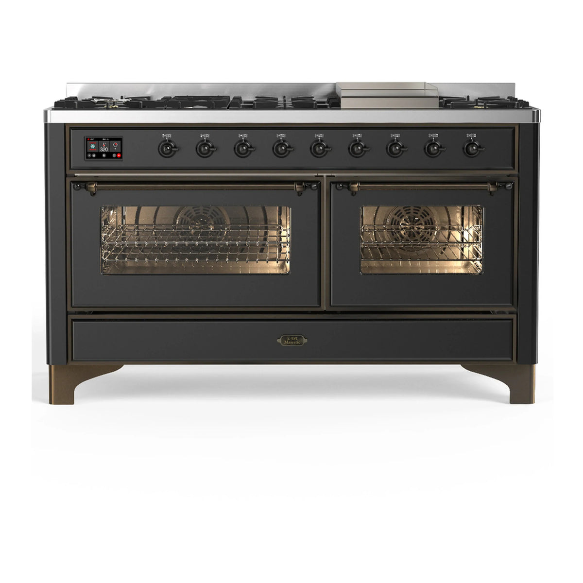 ILVE Majestic III 60-Inch LP Dual Fuel Range, 5 Burners, Griddle, Triple Glass Door Oven, Graphite Matte with Burnished Trim (UM60FNR3MGBLP)