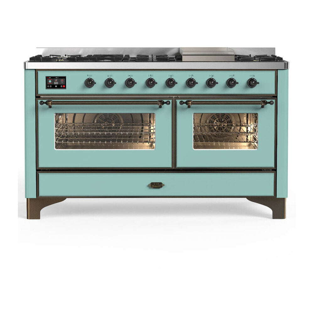 ILVE Majestic III 60-Inch LP Dual Fuel Range, 5 Burners, Griddle, Triple Glass Door Oven, Mediterranean Mint with Burnished Trim (UM60FNR3MMBLP)