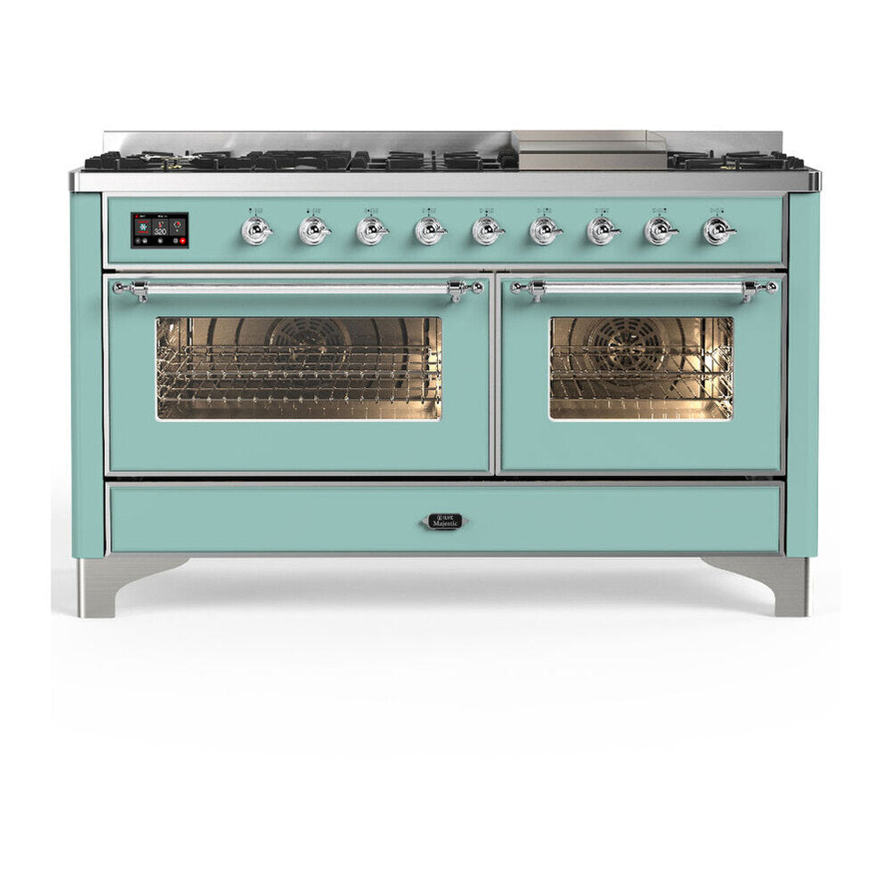 ILVE Majestic III 60-Inch LP Dual Fuel Range, 5 Burners, Griddle, Triple Glass Door Oven, Mediterranean Mint with Chrome Trim (UM60FNR3MMCLP)