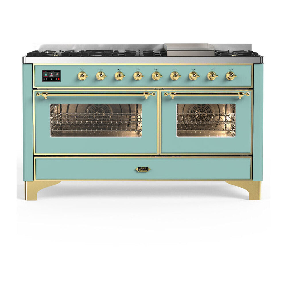 ILVE Majestic III 60-Inch NG Dual Fuel Range, 7 Burners, Griddle, Triple Glass Door Oven, Mediterranean Mint with Brass Trim (UM60FNR3MMG)