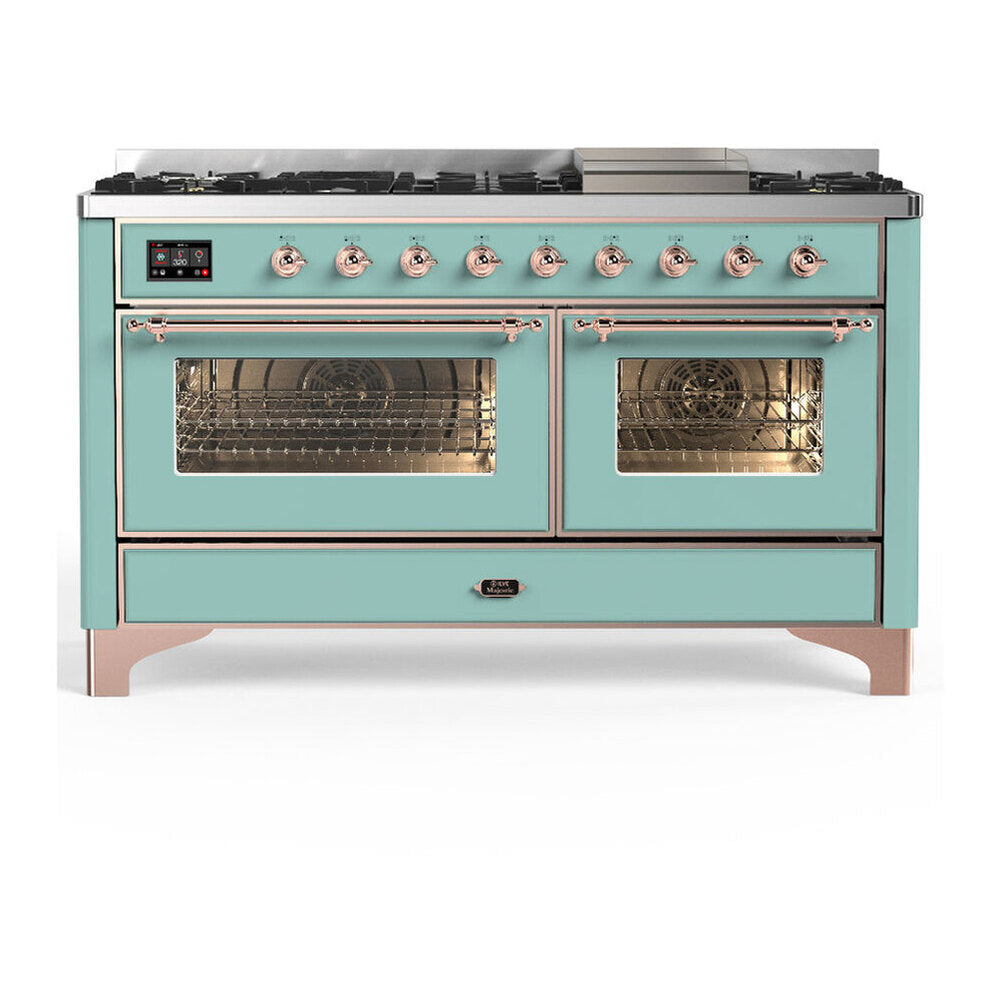 ILVE Majestic III 60-Inch LP Dual Fuel Range, 5 Burners, Griddle, Triple Glass Door Oven, Mediterranean Mint with Copper Trim (UM60FNR3MMPLP)