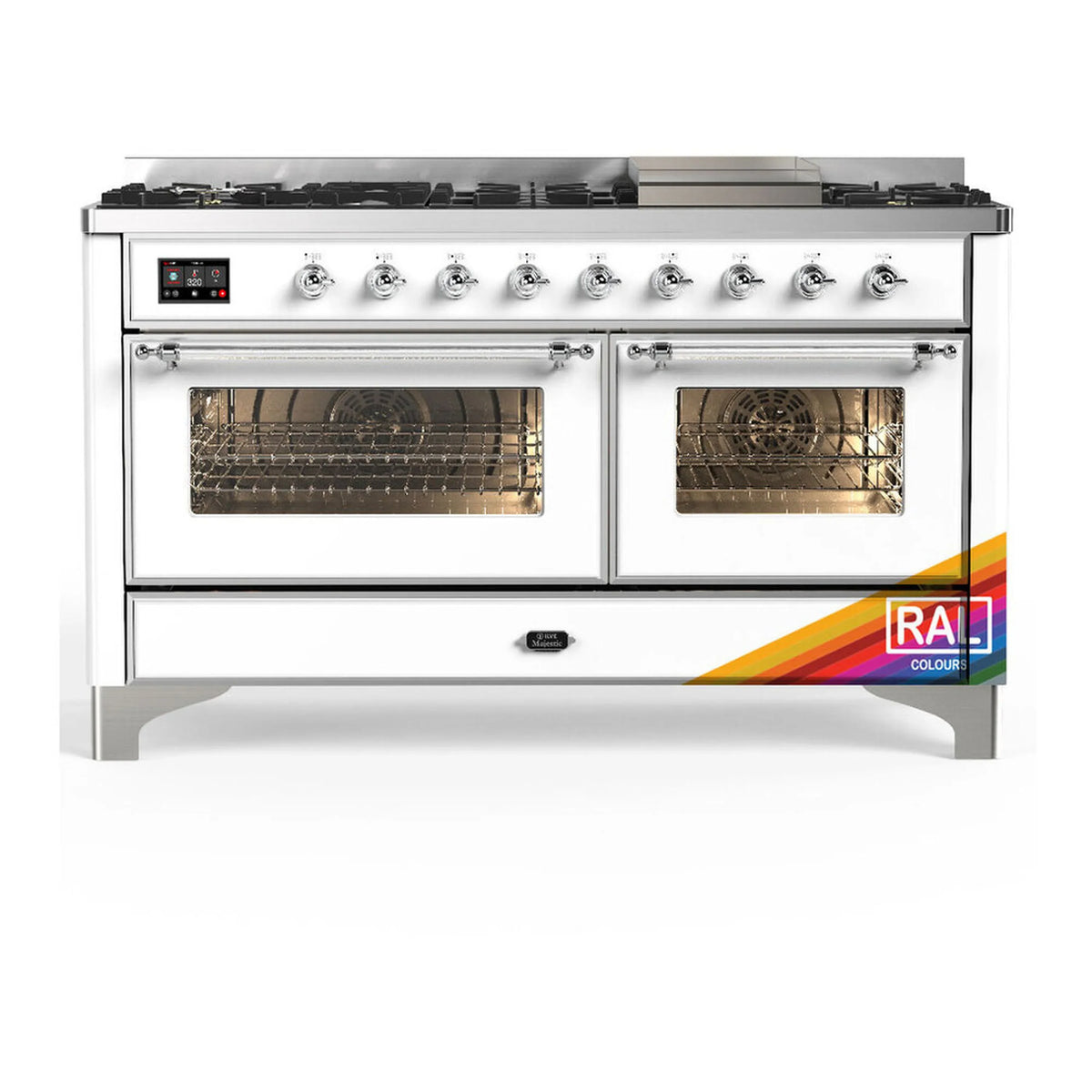 ILVE Majestic III 60-Inch LP Dual Fuel Range, 5 Burners, Griddle, Triple Glass Door Oven, RAL with Chrome Trim (UM60FNR3RACLP)