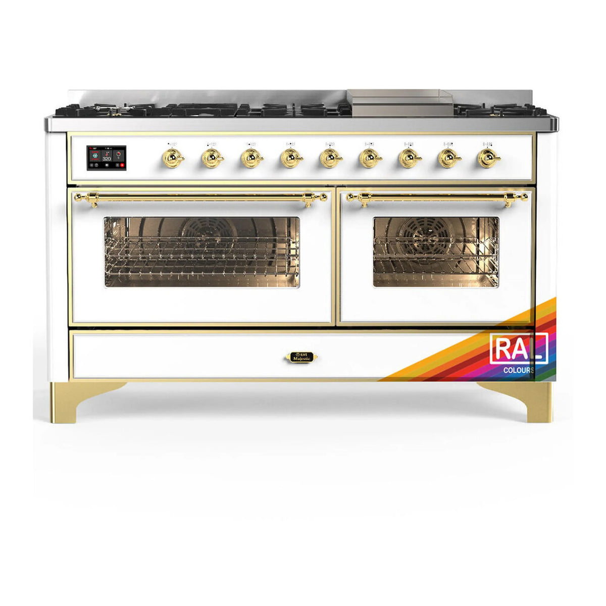 ILVE Majestic III 60-Inch NG Dual Fuel Range, 7 Burners, Griddle, Triple Glass Door Oven, RAL with Brass Trim (UM60FNR3RAG)