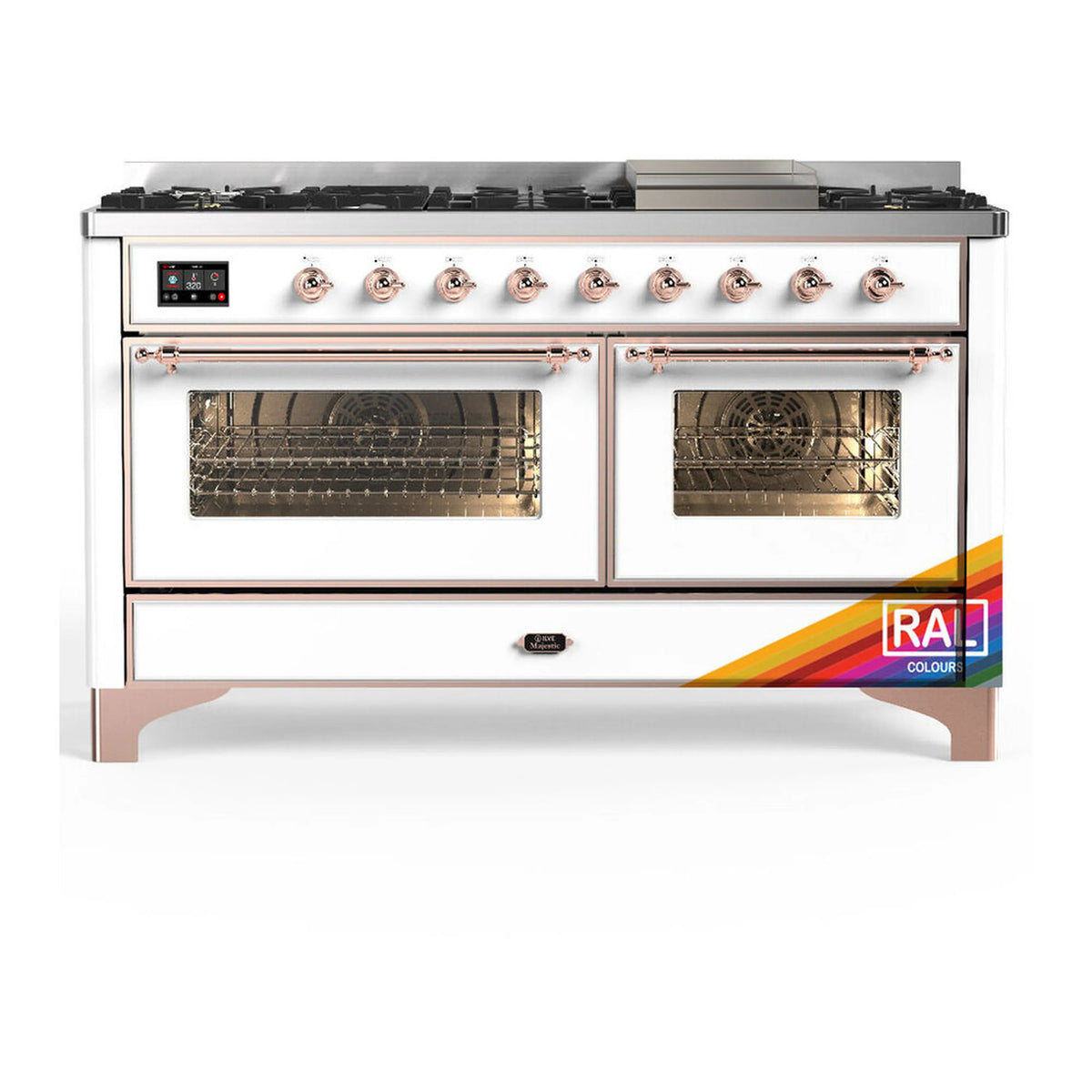 ILVE Majestic III 60-Inch LP Dual Fuel Range, 5 Burners, Griddle, Triple Glass Door Oven, RAL with Copper Trim (UM60FNR3RAPLP)