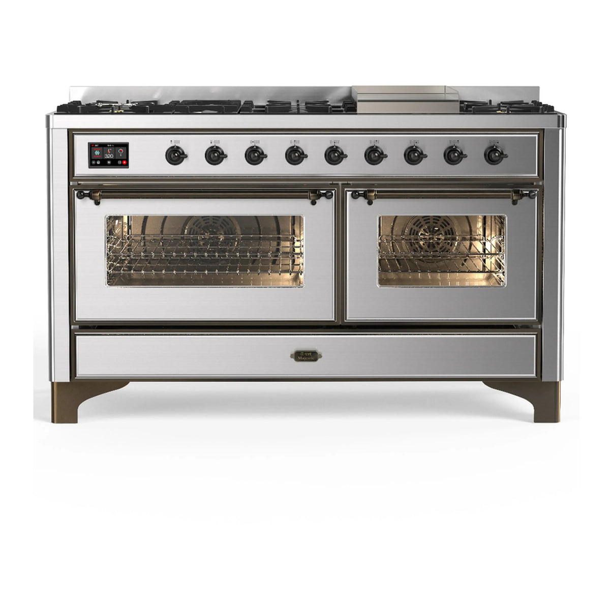 ILVE Majestic III 60-Inch NG Dual Fuel Range, 7 Burners, Griddle, Triple Glass Door Oven, Stainless Steel with Burnished Trim (UM60FNR3SSB)
