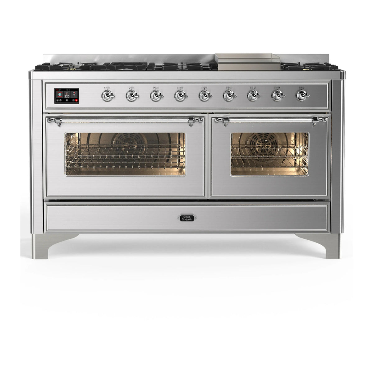 ILVE Majestic III 60-Inch NG Dual Fuel Range, 7 Burners, Griddle, Triple Glass Door Oven, Stainless Steel with Chrome Trim (UM60FNR3SSC)