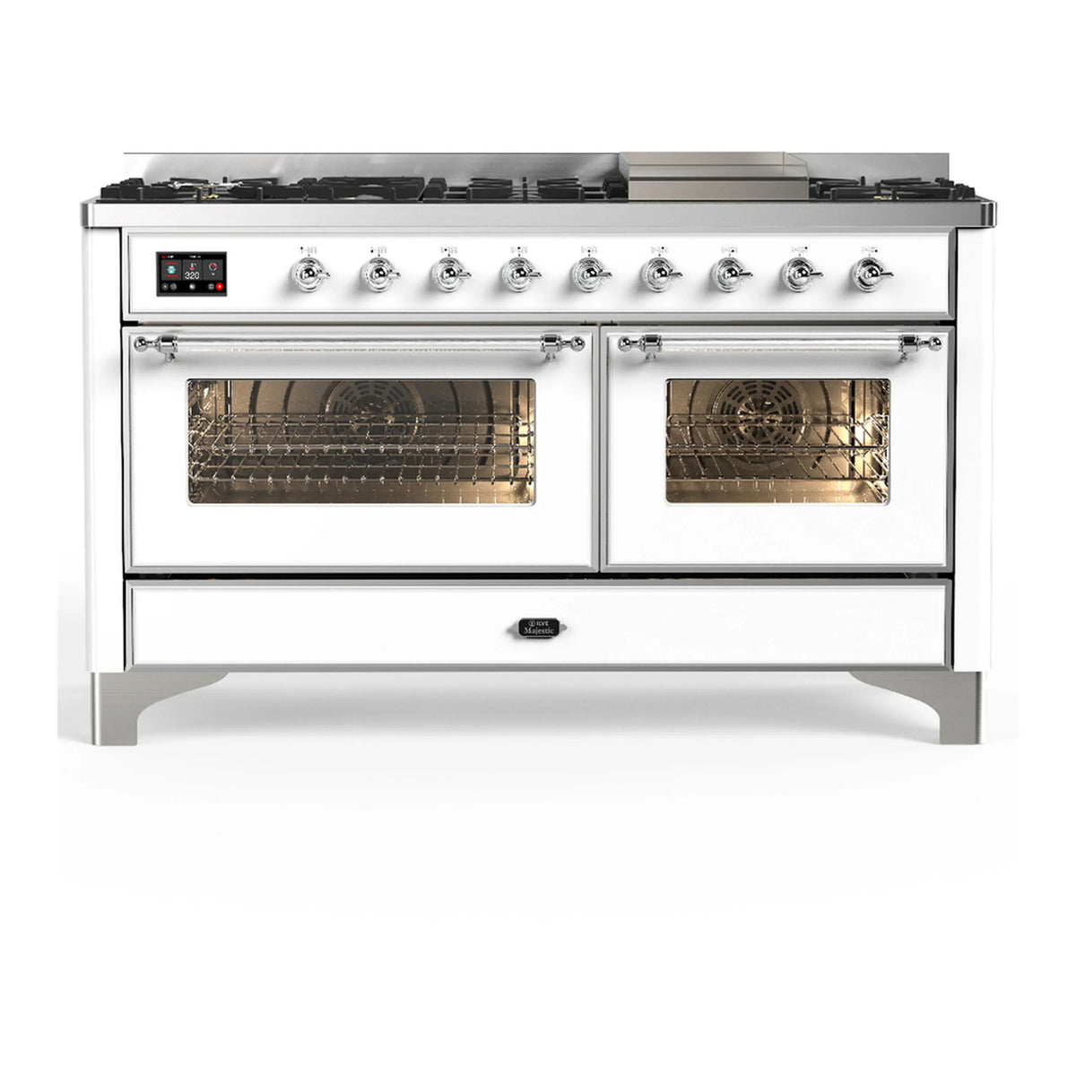 ILVE Majestic III 60-Inch LP Dual Fuel Range, 5 Burners, Griddle, Triple Glass Door Oven, White with Chrome Trim (UM60FNR3WHCLP)