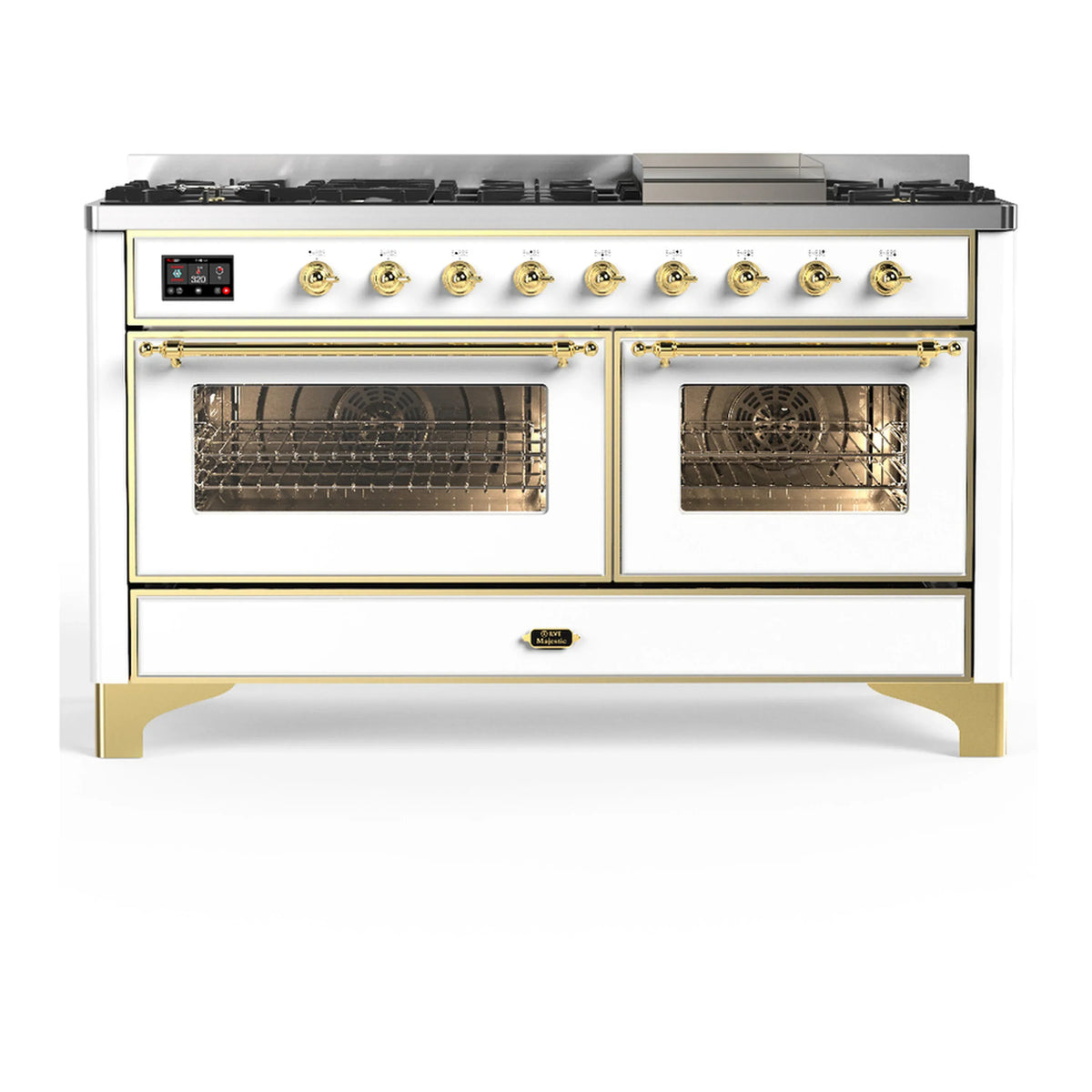 ILVE Majestic III 60-Inch LP Dual Fuel Range, 5 Burners, Griddle, Triple Glass Door Oven, White with Brass Trim (UM60FNR3WHGLP)