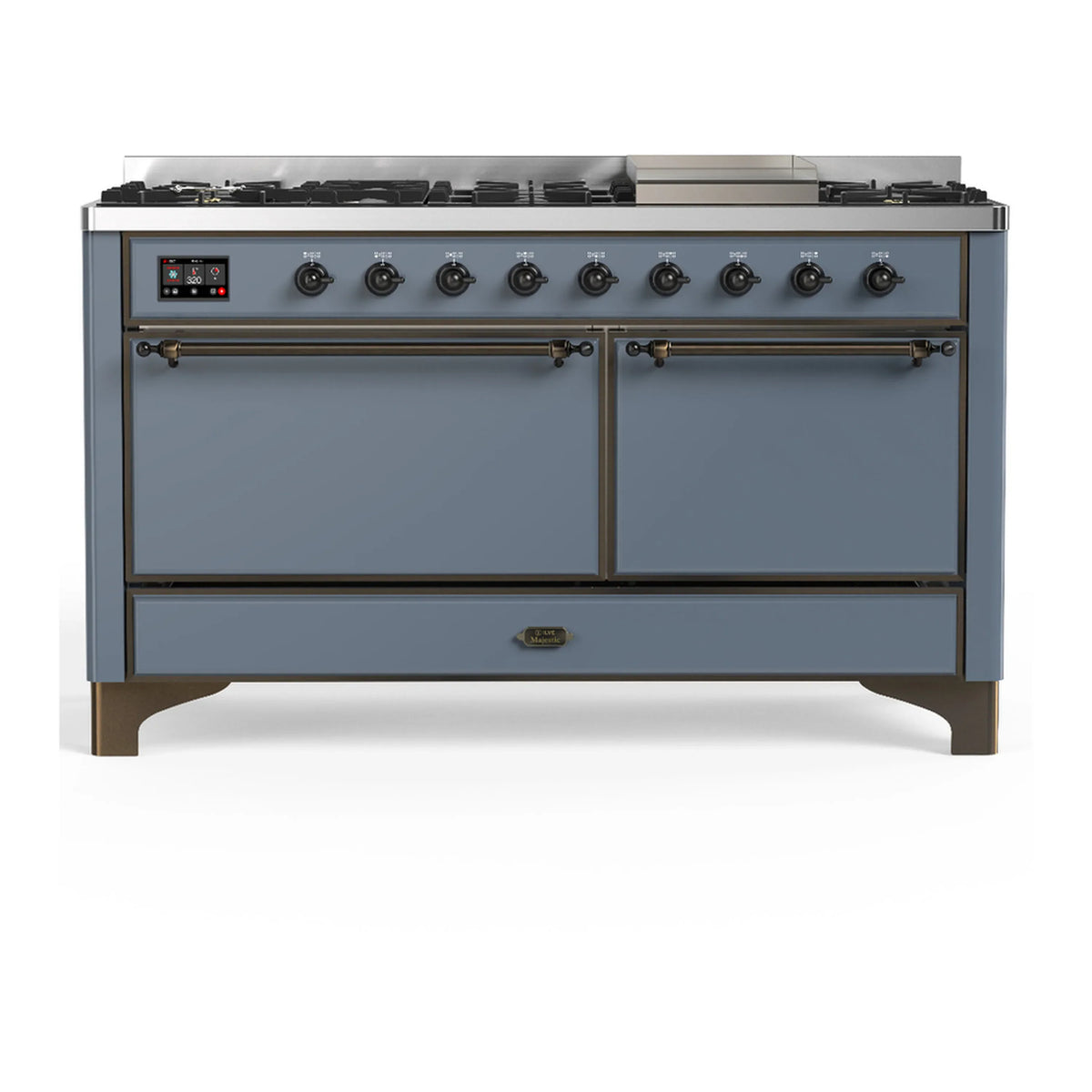 ILVE Majestic III 60-Inch NG Dual Fuel Range, 7 Burners, Griddle, Solid Door Oven, Blue Grey with Burnished Trim (UM60FQNR3BGB)