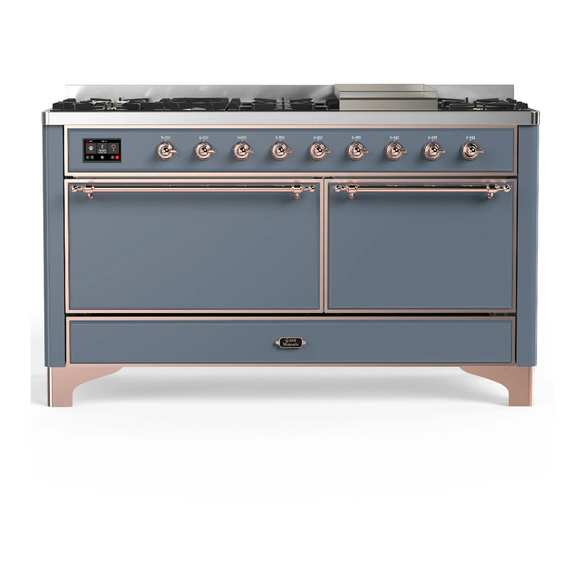 ILVE Majestic III 60-Inch LP Dual Fuel Range, 5 Burners, Griddle, Solid Door Oven, Blue Grey with Copper Trim (UM60FQNR3BGPLP)