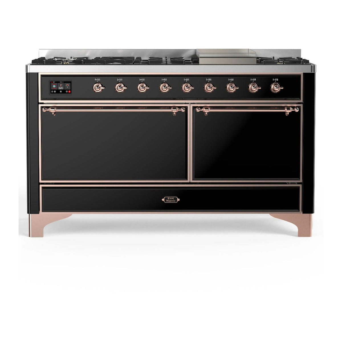 ILVE Majestic III 60-Inch LP Dual Fuel Range, 5 Burners, Griddle, Solid Door Oven, Glossy Black with Copper Trim (UM60FQNR3BKPLP)