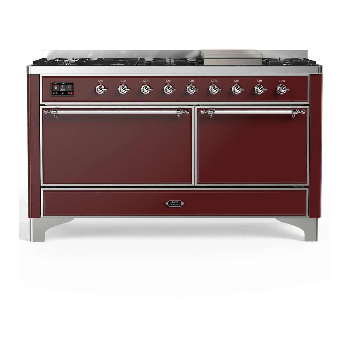 ILVE Majestic III 60-Inch NG Dual Fuel Range, 7 Burners, Griddle, Solid Door Oven, Burgundy with Chrome Trim (UM60FQNR3BUC)