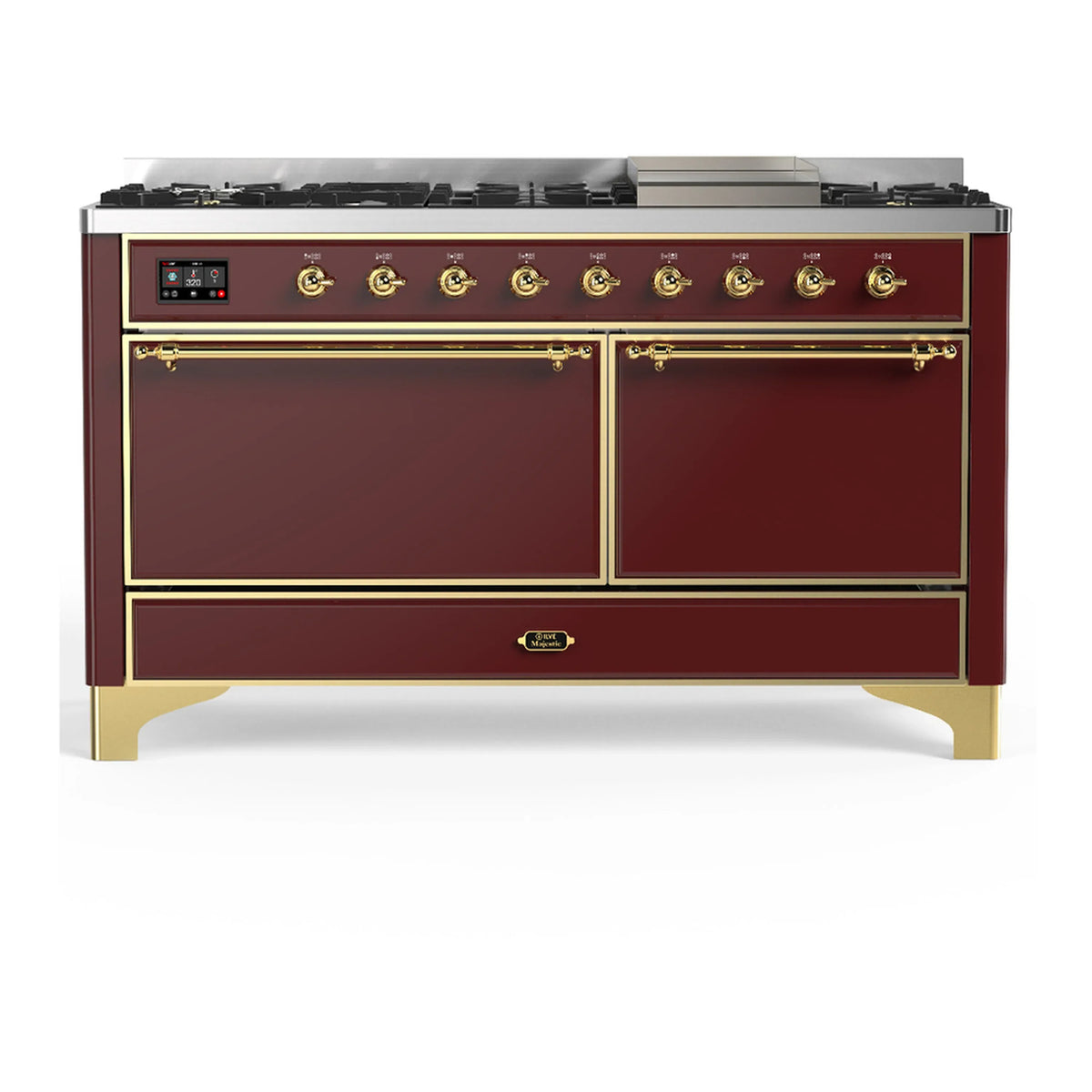 ILVE Majestic III 60-Inch LP Dual Fuel Range, 5 Burners, Griddle, Solid Door Oven, Burgundy with Brass Trim (UM60FQNR3BUGLP)