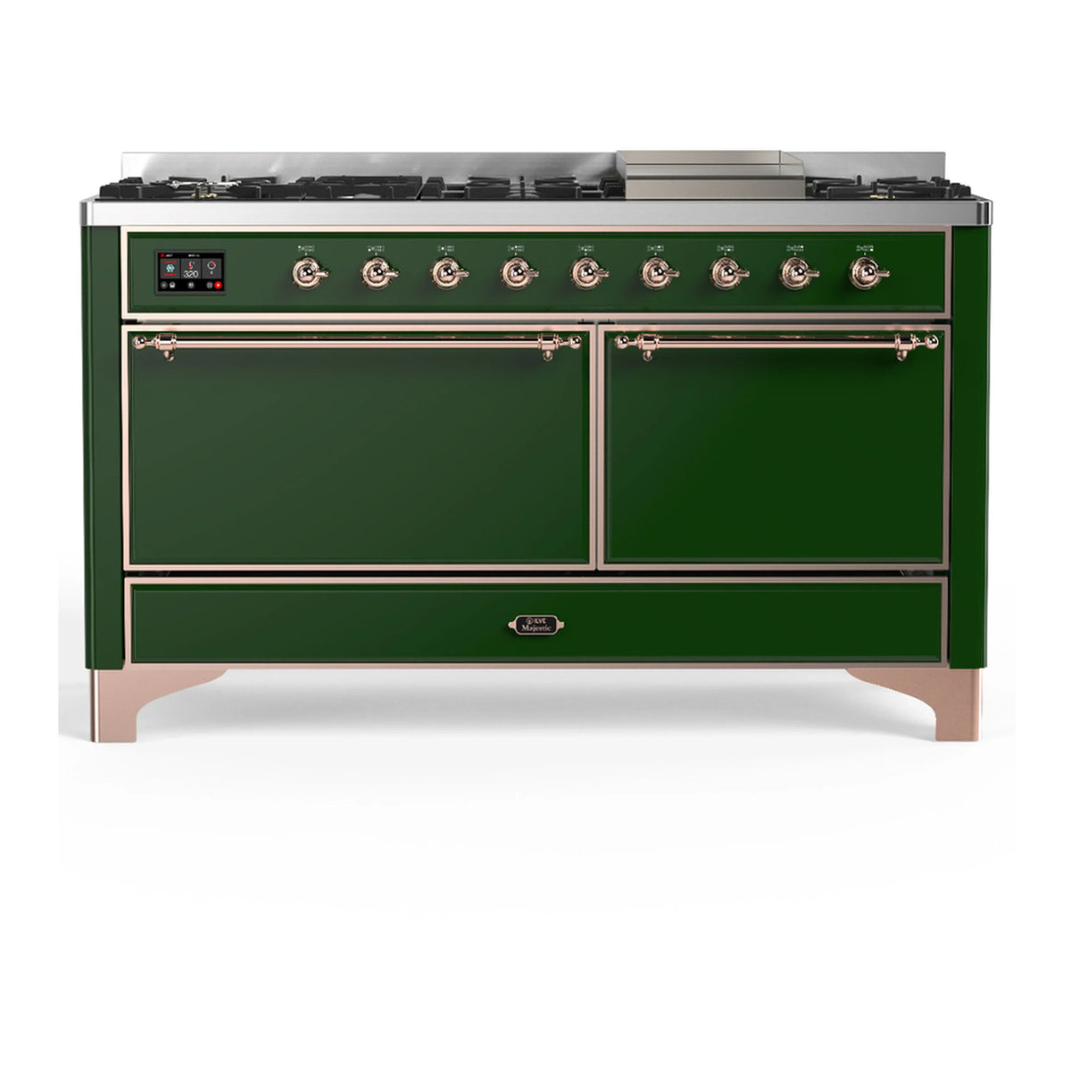 ILVE Majestic III 60-Inch LP Dual Fuel Range, 5 Burners, Griddle, Solid Door Oven, Emerald Green with Copper Trim (UM60FQNR3EGPLP)