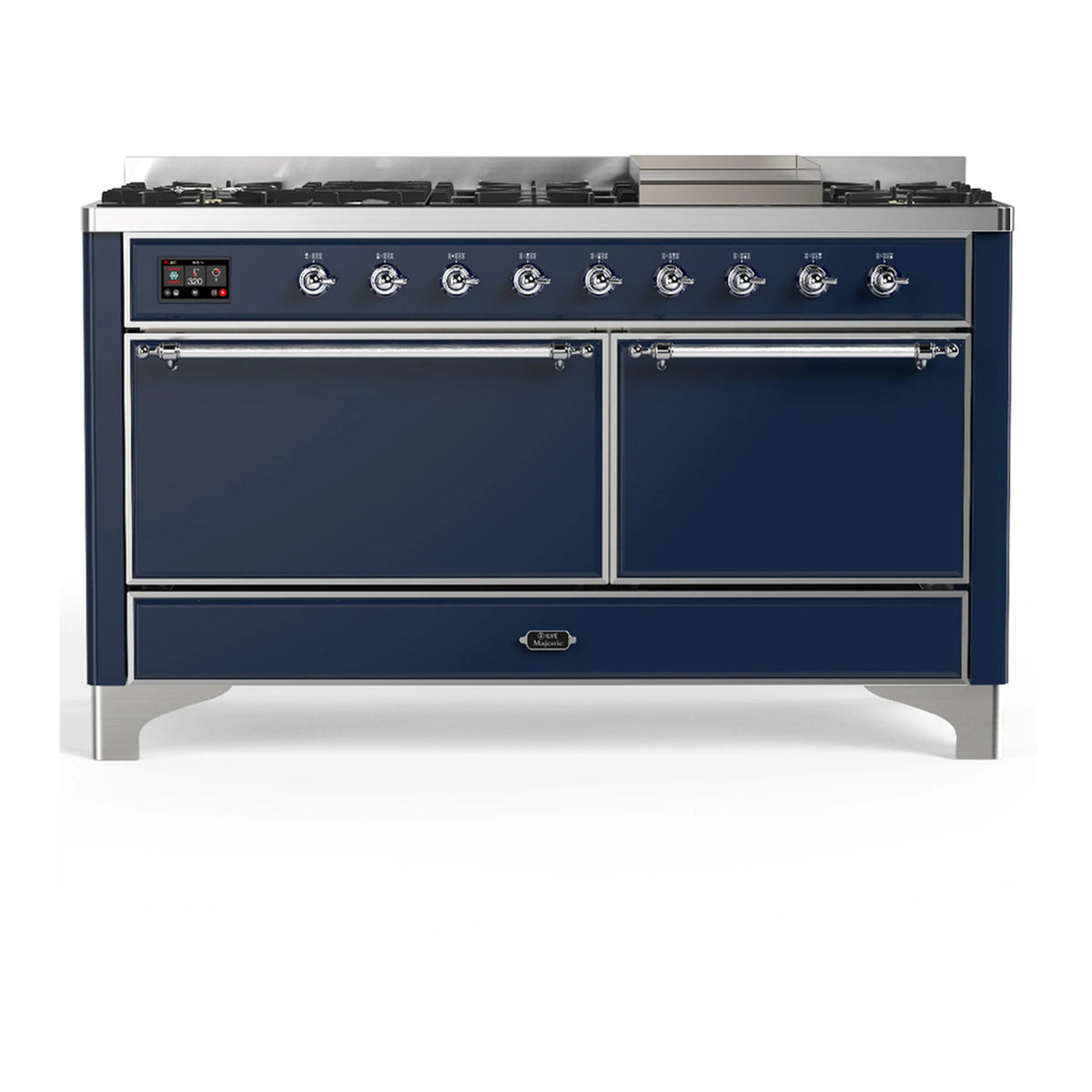 ILVE Majestic III 60-Inch NG Dual Fuel Range, 7 Burners, Griddle, Solid Door Oven, Midnight Blue with Chrome Trim (UM60FQNR3MBC)
