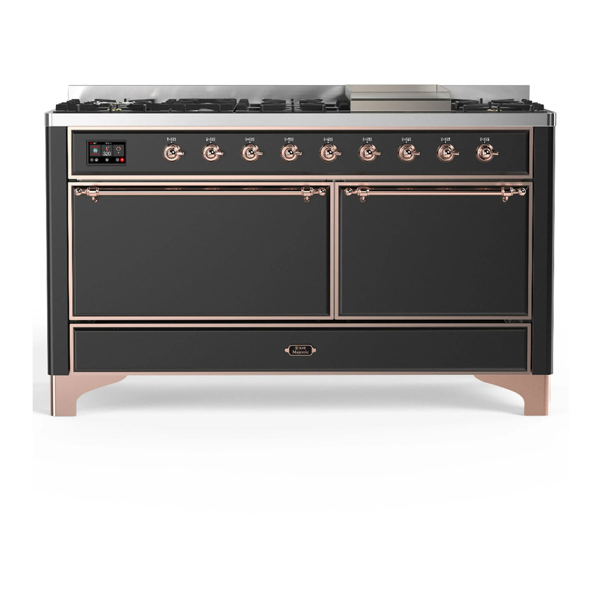 ILVE Majestic III 60-Inch LP Dual Fuel Range, 5 Burners, Griddle, Solid Door Oven, Graphite Matte with Copper Trim (UM60FQNR3MGPLP)