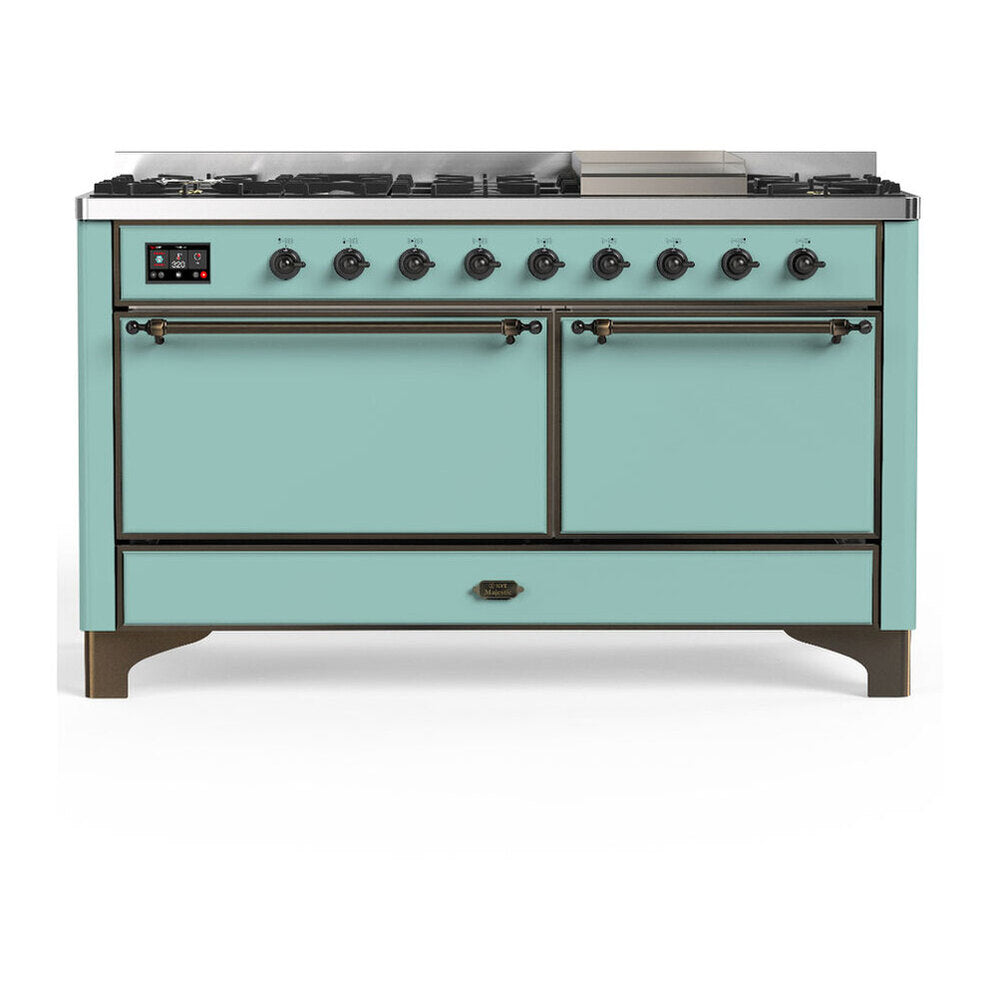 ILVE Majestic III 60-Inch LP Dual Fuel Range, 5 Burners, Griddle, Solid Door Oven, Mediterranean Mint with Burnished Trim (UM60FQNR3MMBLP)