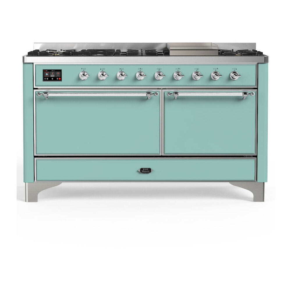 ILVE Majestic III 60-Inch LP Dual Fuel Range, 5 Burners, Griddle, Solid Door Oven, Mediterranean Mint with Chrome Trim (UM60FQNR3MMCLP)