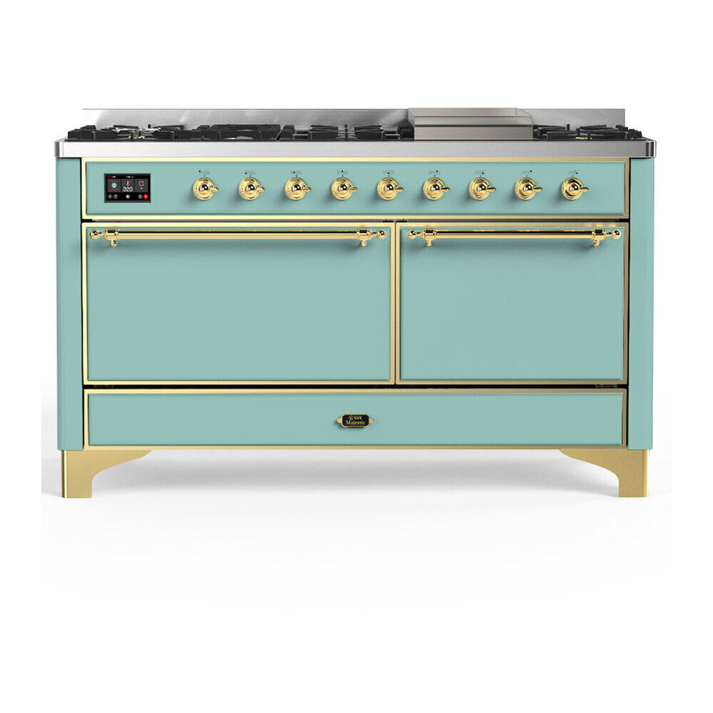 ILVE Majestic III 60-Inch NG Dual Fuel Range, 7 Burners, Griddle, Solid Door Oven, Mediterranean Mint with Brass Trim (UM60FQNR3MMG)