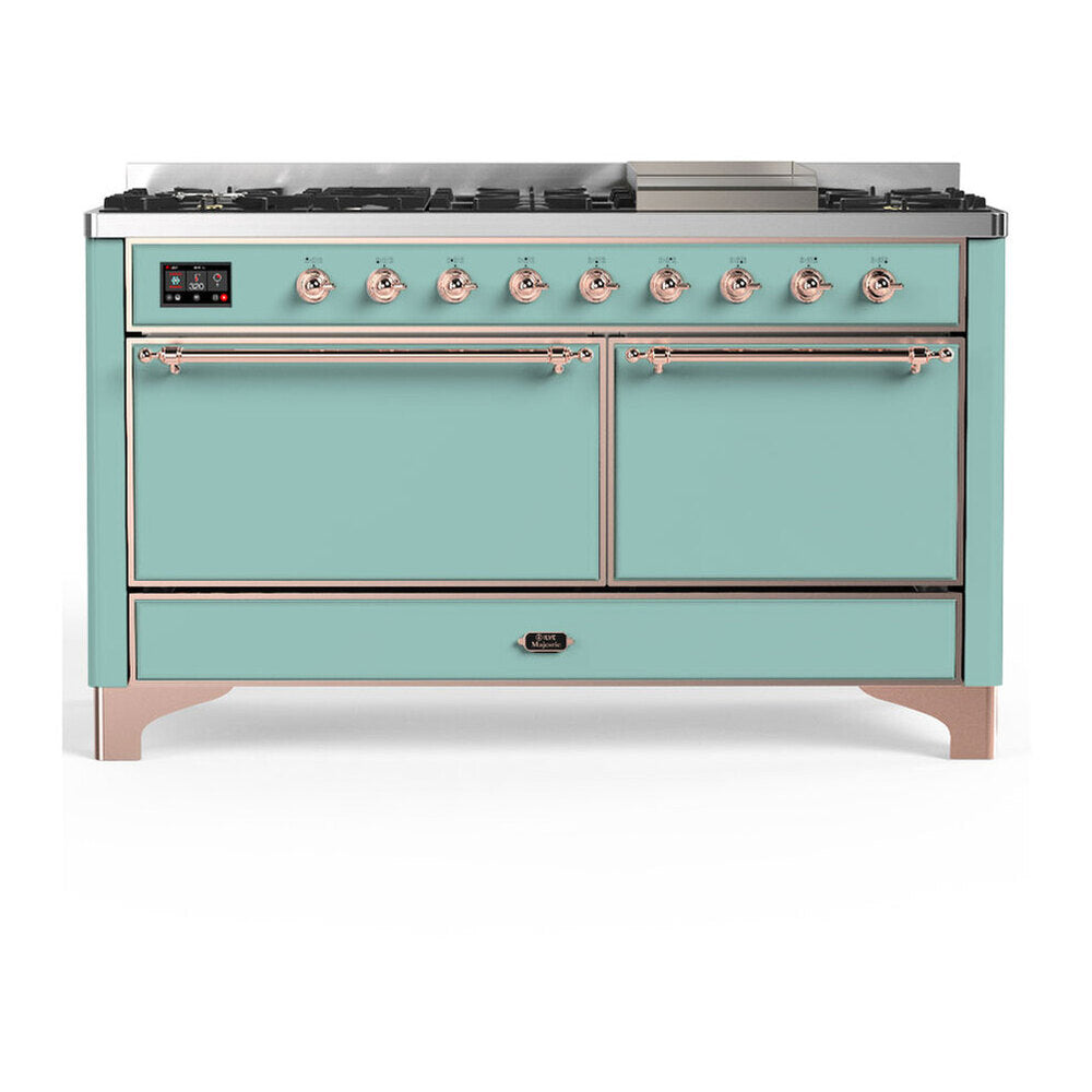 ILVE Majestic III 60-Inch NG Dual Fuel Range, 7 Burners, Griddle, Solid Door Oven, Mediterranean Mint with Copper Trim (UM60FQNR3MMP)