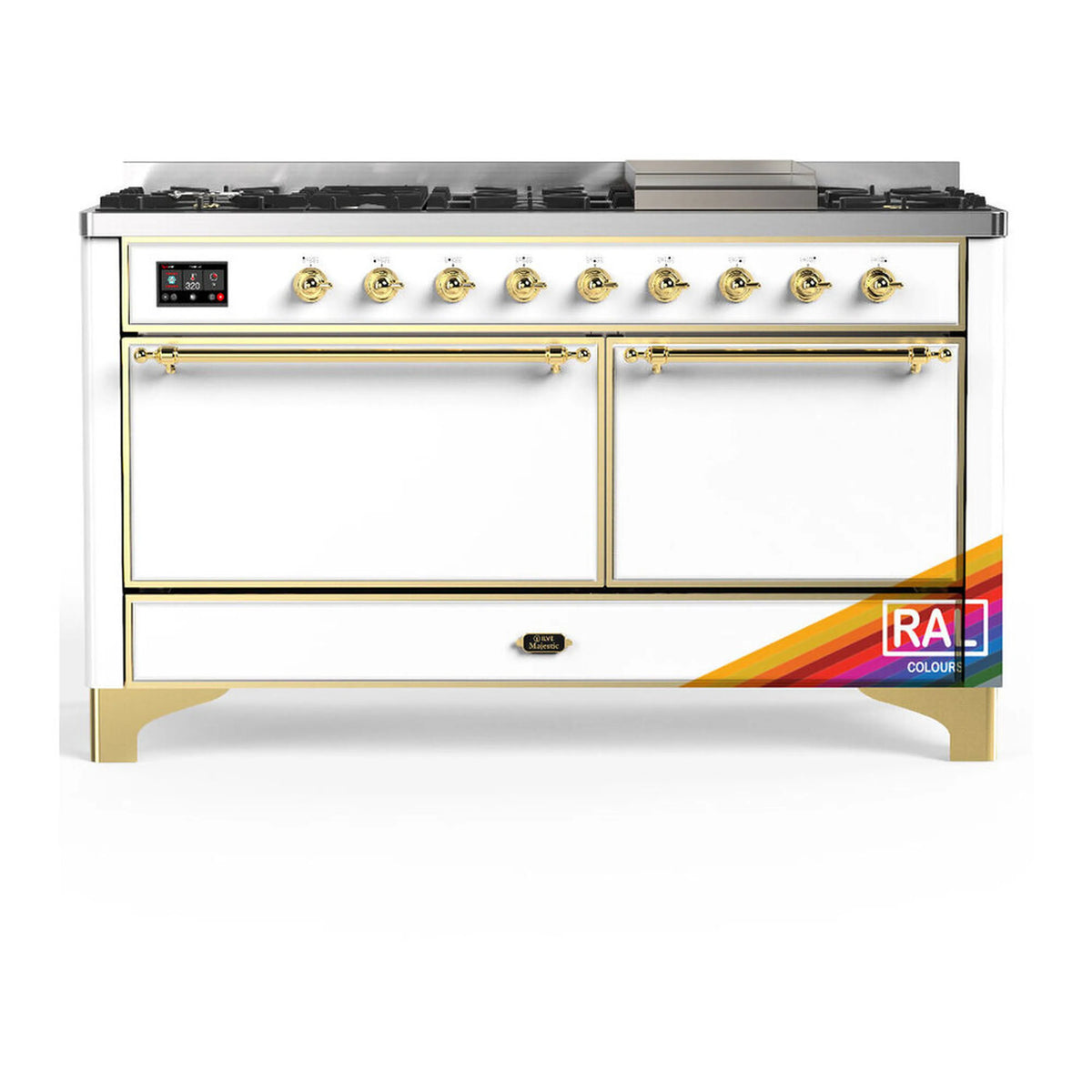 ILVE Majestic III 60-Inch LP Dual Fuel Range, 5 Burners, Griddle, Solid Door Oven, RAL with Brass Trim (UM60FQNR3RAGLP)