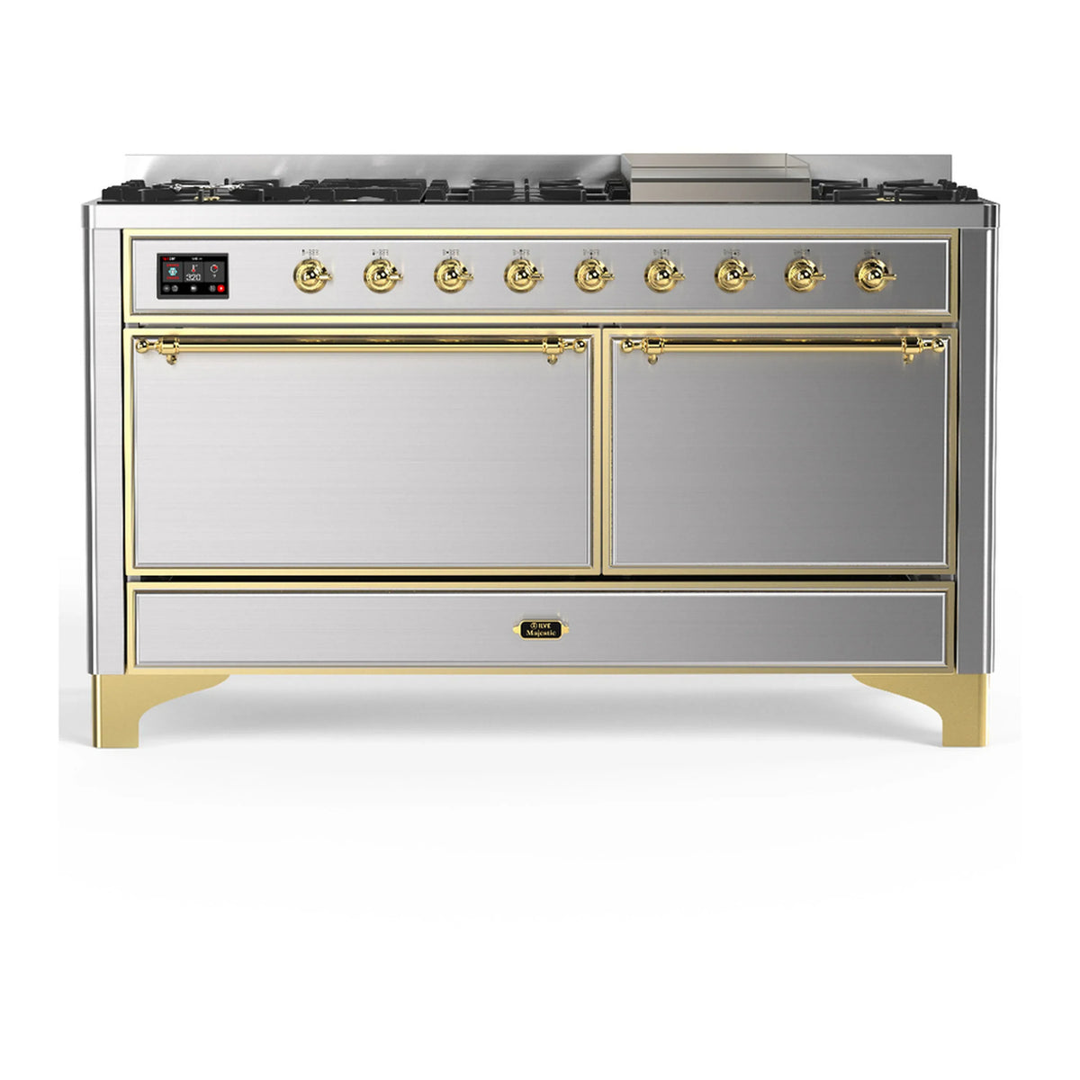 ILVE Majestic III 60-Inch NG Dual Fuel Range, 7 Burners, Griddle, Solid Door Oven, Stainless Steel with Brass Trim (UM60FQNR3SSG)