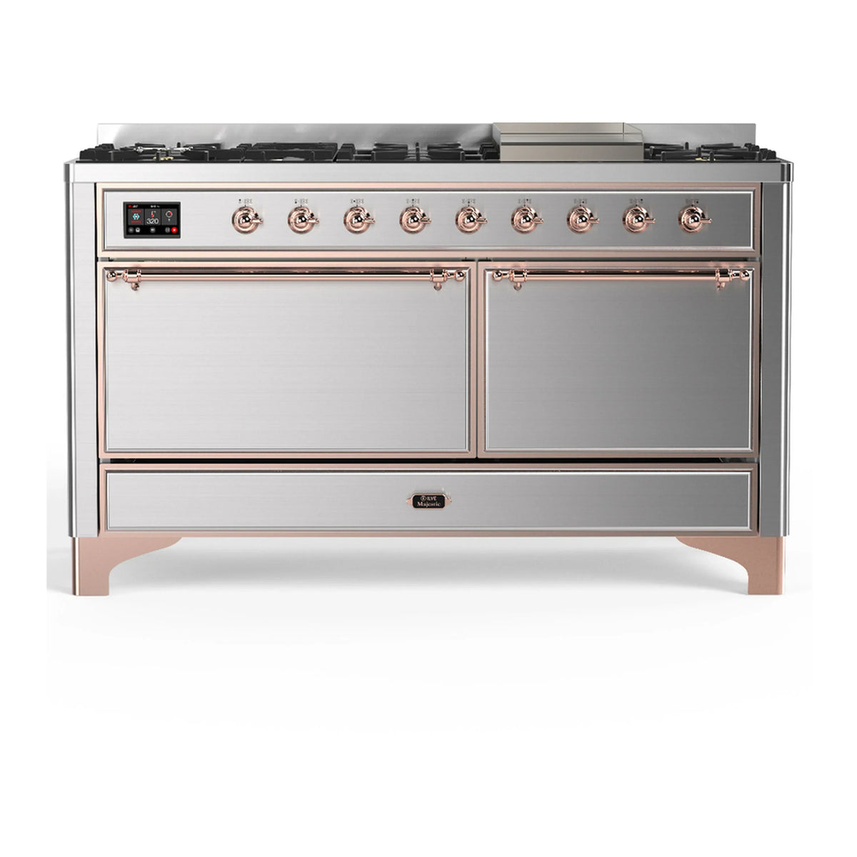 ILVE Majestic III 60-Inch LP Dual Fuel Range, 5 Burners, Griddle, Solid Door Oven, Stainless Steel with Copper Trim (UM60FQNR3SSPLP)