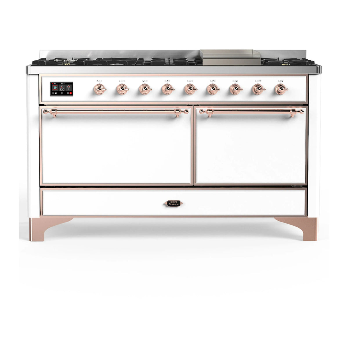 ILVE Majestic III 60-Inch NG Dual Fuel Range, 7 Burners, Griddle, Solid Door Oven, White with Copper Trim (UM60FQNR3WHP)
