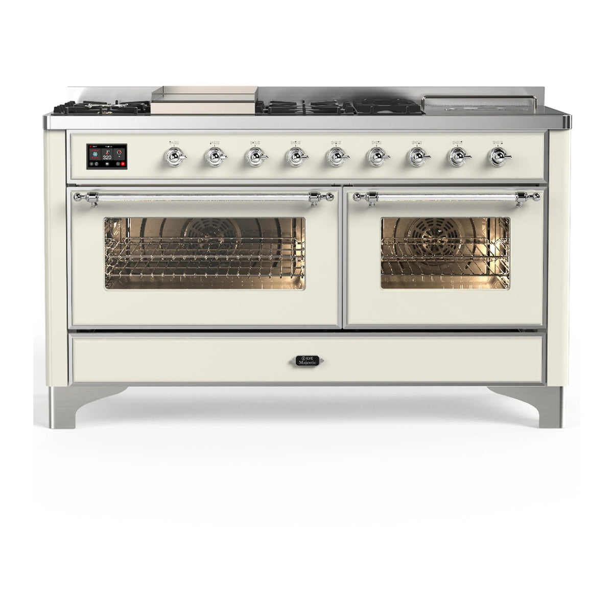 ILVE Majestic III 60-Inch LP Dual Fuel Range, 5 Burners, Griddle, French Top, Triple Glass Door, Antique White, Chrome Trim (UM60FSNR3AWCLP)
