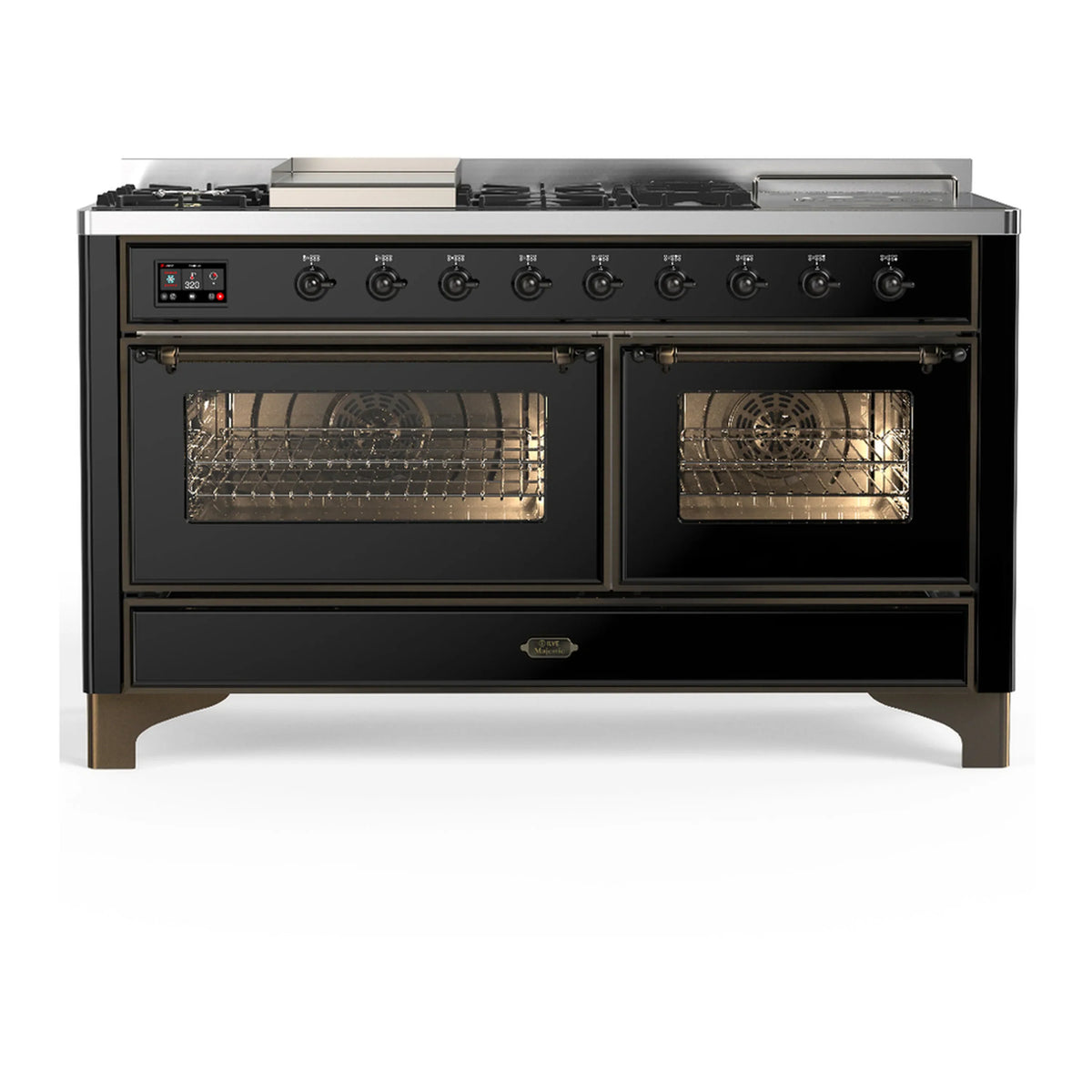 ILVE Majestic III 60-Inch NG Dual Fuel Range, 7 Burners, Griddle, French Top, Triple Glass Door, Glossy Black with Burnished Trim (UM60FSNR3BKB)