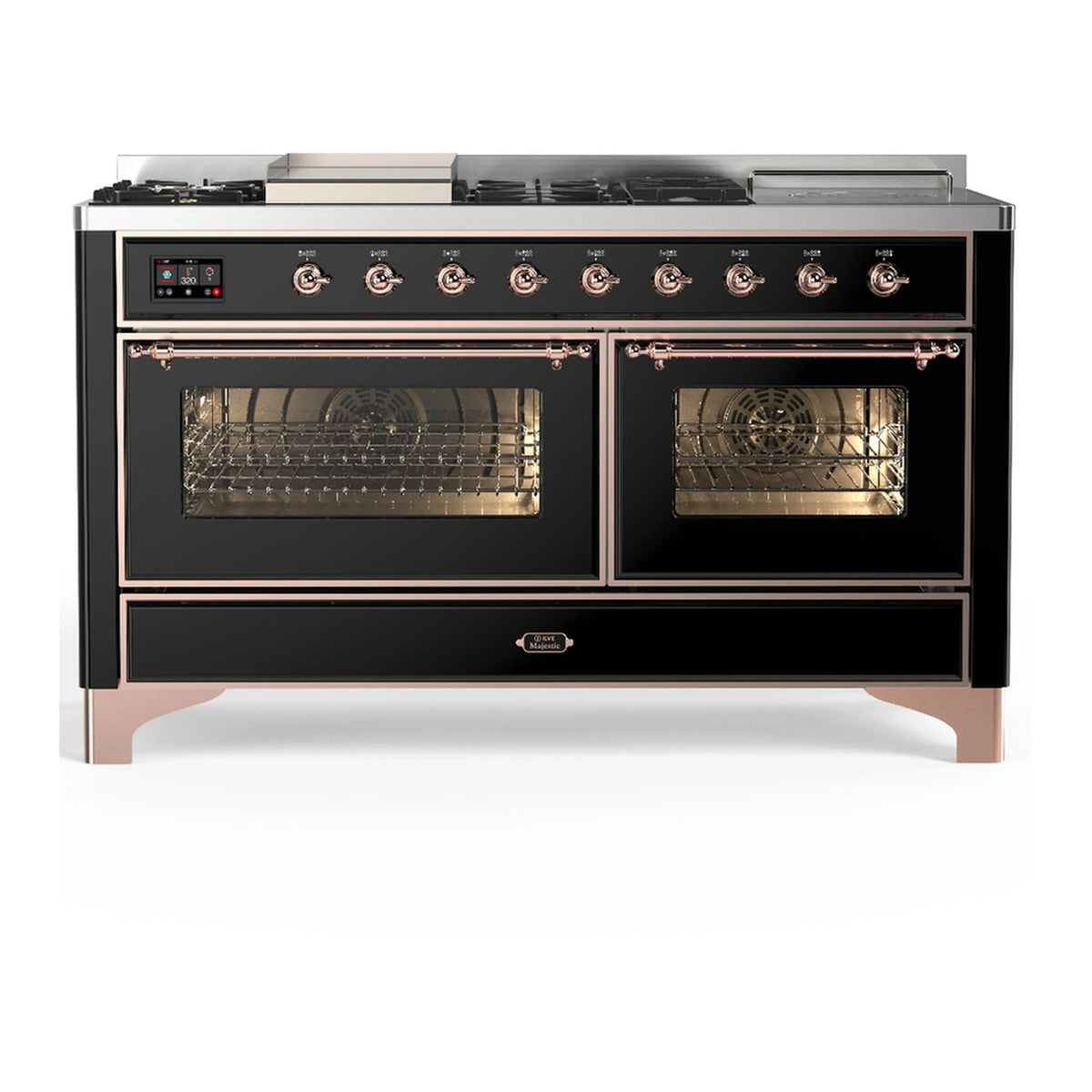 ILVE Majestic III 60-Inch NG Dual Fuel Range, 7 Burners, Griddle, French Top, Triple Glass Door, Glossy Black with Copper Trim (UM60FSNR3BKP)