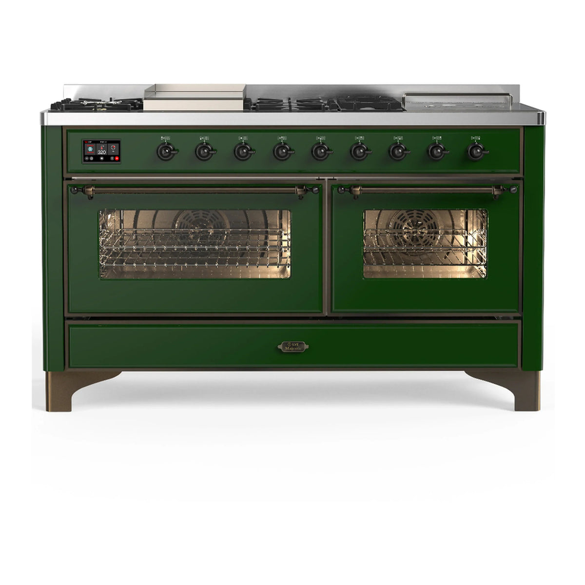 ILVE Majestic III 60-Inch LP Dual Fuel Range, 5 Burners, Griddle, French Top, Triple Glass Door, Emerald Green, Burnished Trim (UM60FSNR3EGBLP)