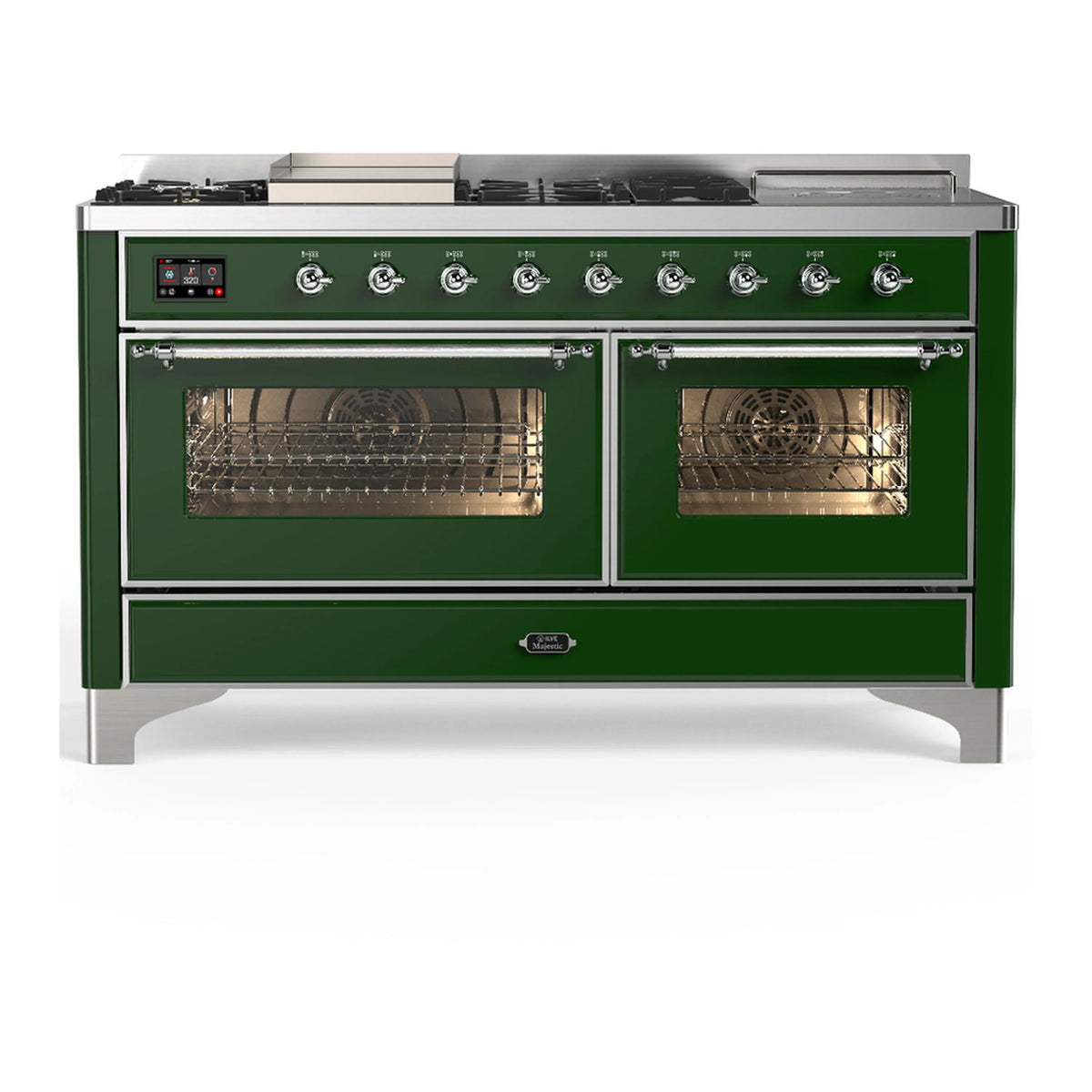 ILVE Majestic III 60-Inch LP Dual Fuel Range, 5 Burners, Griddle, French Top, Triple Glass Door, Emerald Green, Chrome Trim (UM60FSNR3EGCLP)