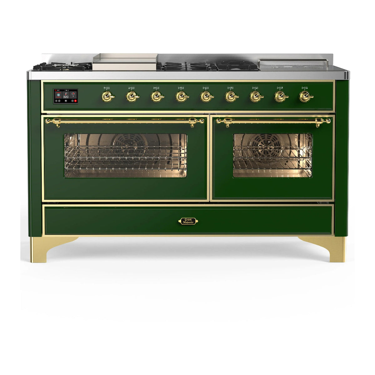 ILVE Majestic III 60-Inch LP Dual Fuel Range, 5 Burners, Griddle, French Top, Triple Glass Door, Emerald Green, Brass Trim (UM60FSNR3EGGLP)