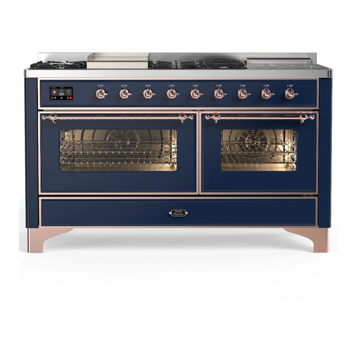 ILVE Majestic III 60-Inch NG Dual Fuel Range, 7 Burners, Griddle, French Top, Triple Glass Door, Midnight Blue with Copper Trim (UM60FSNR3MBP)
