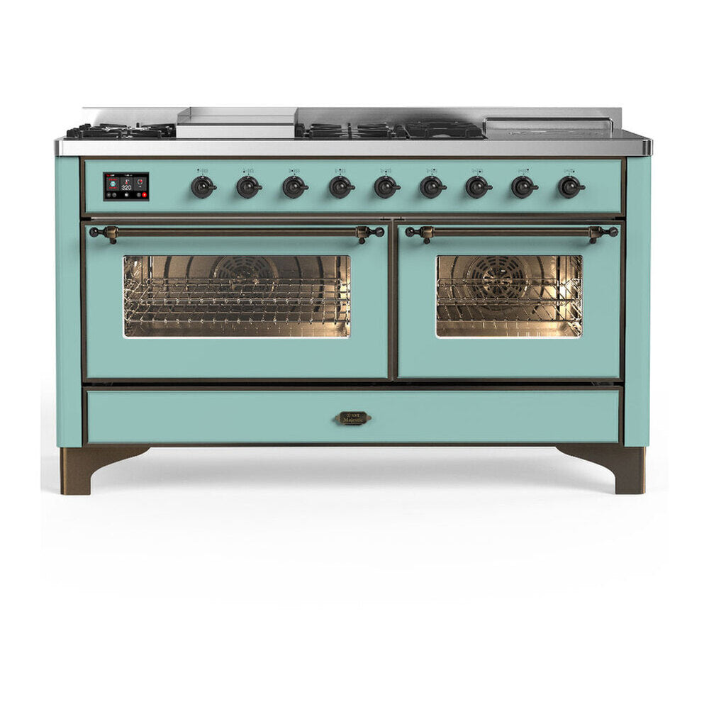 ILVE Majestic III 60-Inch NG Dual Fuel Range, 7 Burners, Griddle, French Top, Triple Glass Door, Mediterranean Mint with Burnished Trim (UM60FSNR3MMB)