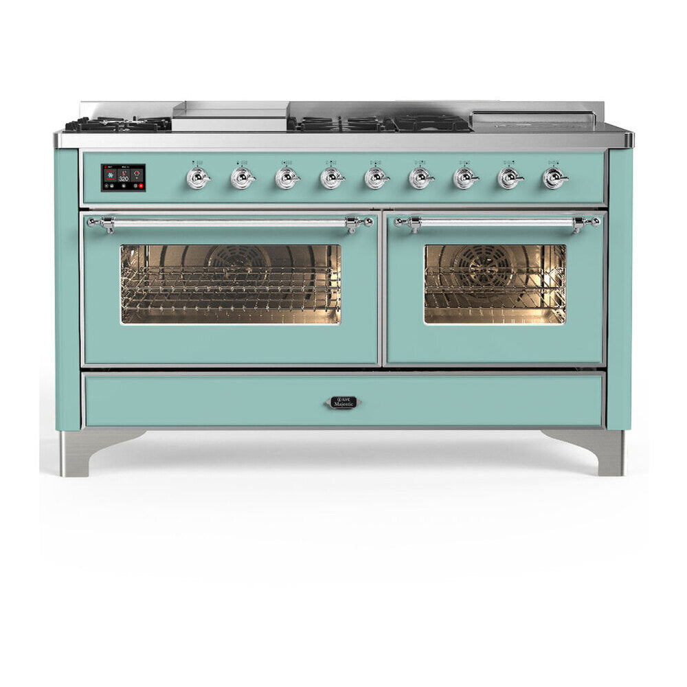 ILVE Majestic III 60-Inch NG Dual Fuel Range, 7 Burners, Griddle, French Top, Triple Glass Door, Mediterranean Mint with Chrome Trim (UM60FSNR3MMC)