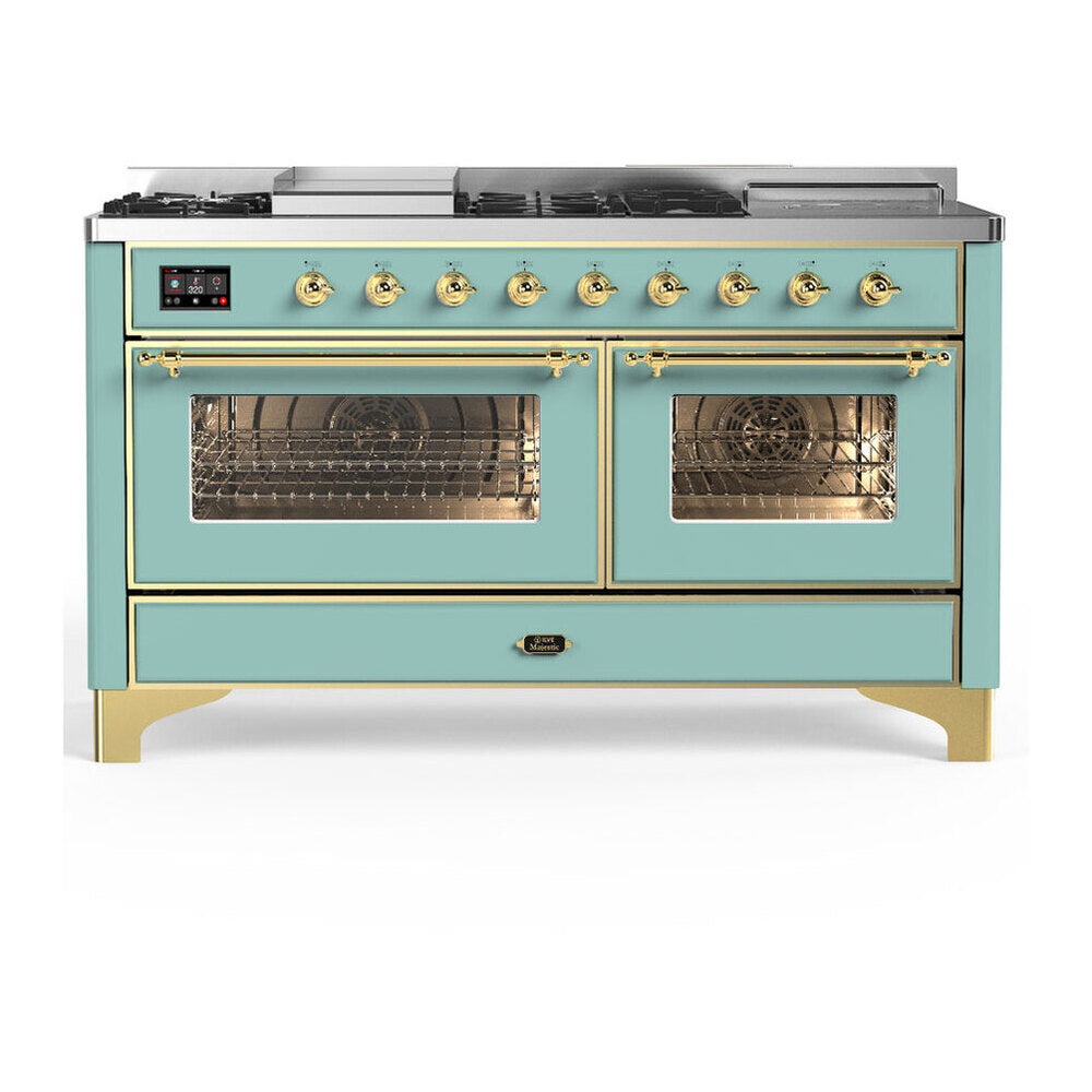 ILVE Majestic III 60-Inch LP Dual Fuel Range, 5 Burners, Griddle, French Top, Triple Glass Door, Mediterranean Mint, Brass Trim (UM60FSNR3MMGLP)