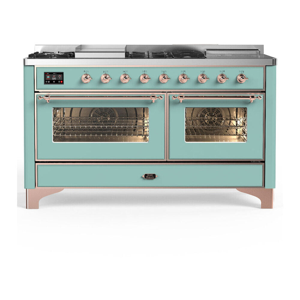 ILVE Majestic III 60-Inch LP Dual Fuel Range, 5 Burners, Griddle, French Top, Triple Glass Door, Mediterranean Mint, Copper Trim (UM60FSNR3MMPLP)
