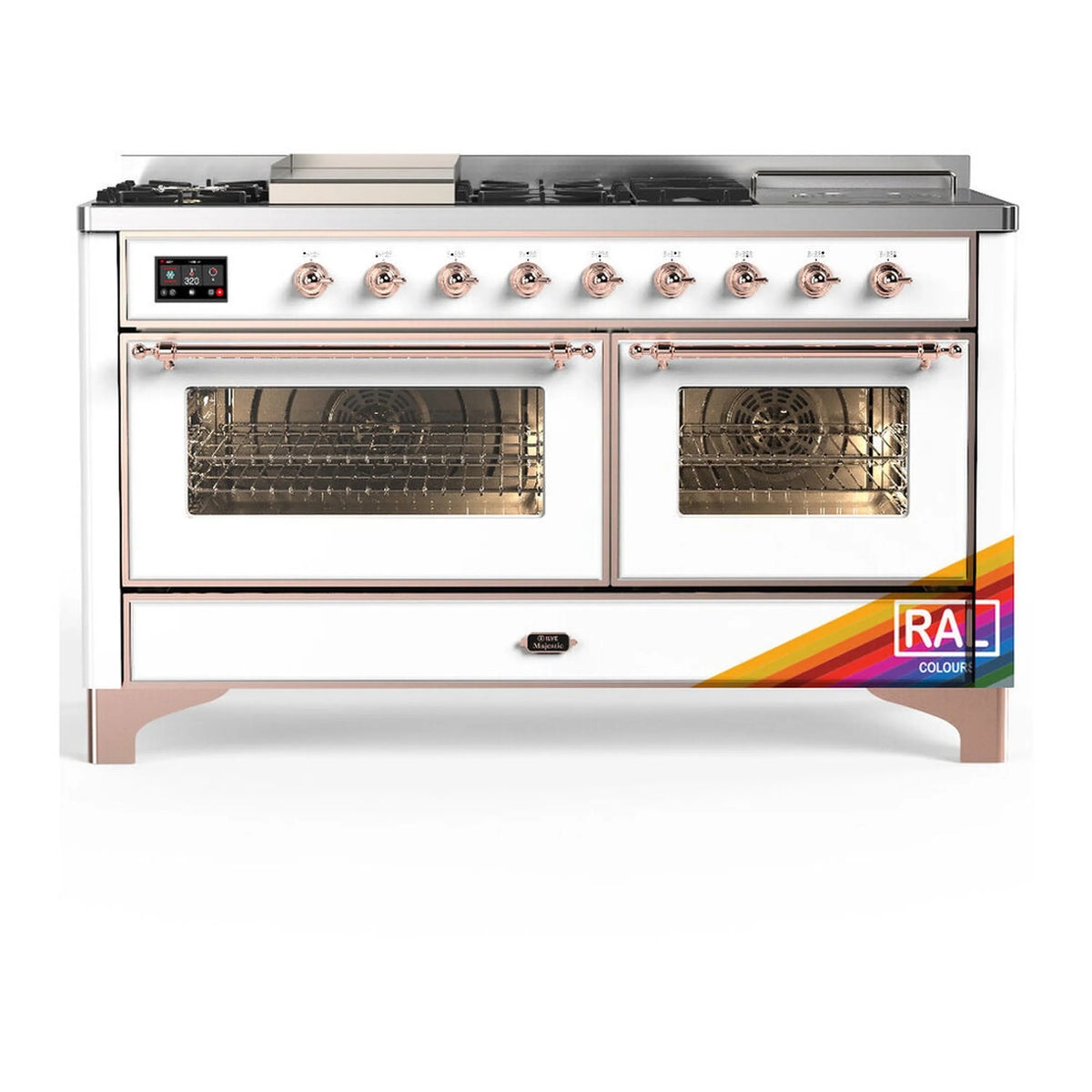 ILVE Majestic III 60-Inch LP Dual Fuel Range, 5 Burners, Griddle, French Top, Triple Glass Door, RAL, Copper Trim (UM60FSNR3RAPLP)