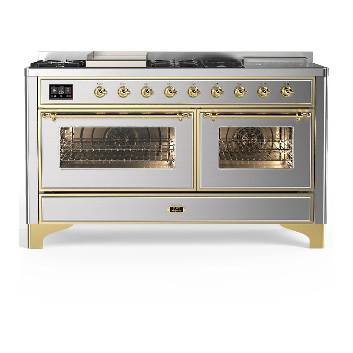 ILVE Majestic III 60-Inch NG Dual Fuel Range, 7 Burners, Griddle, French Top, Triple Glass Door, Stainless Steel with Brass Trim (UM60FSNR3SSG)