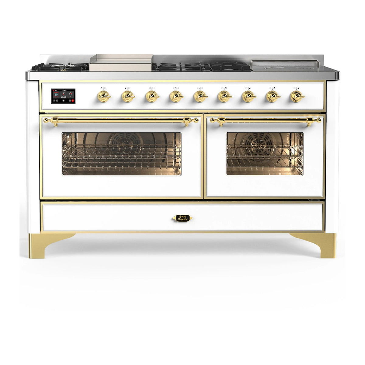 ILVE Majestic III 60-Inch NG Dual Fuel Range, 7 Burners, Griddle, French Top, Triple Glass Door, White with Brass Trim (UM60FSNR3WHG)