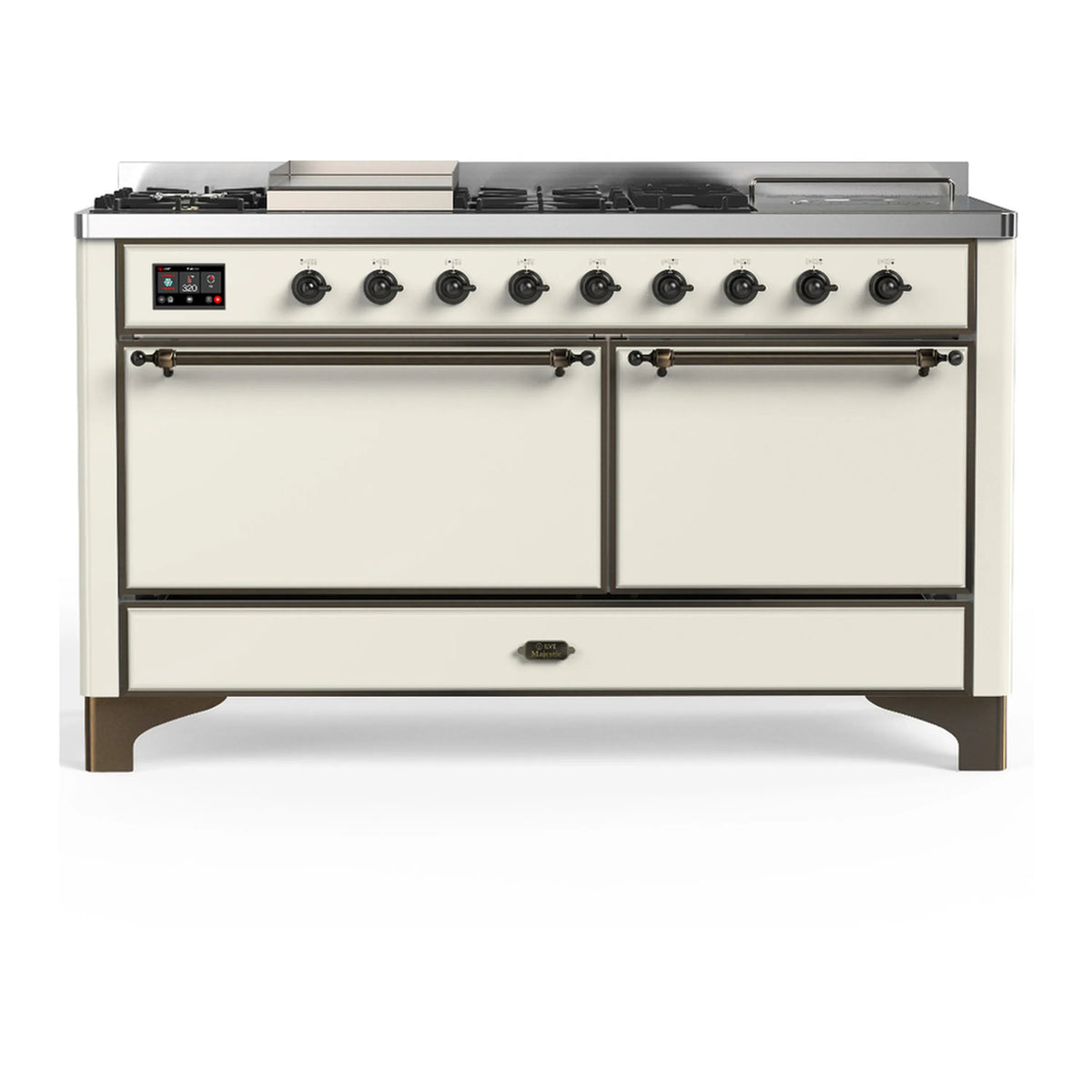 ILVE Majestic III 60-Inch LP Dual Fuel Range, 5 Burners, Griddle, French Top, Solid Door, Antique White, Burnished Trim (UM60FSQNR3AWBLP)