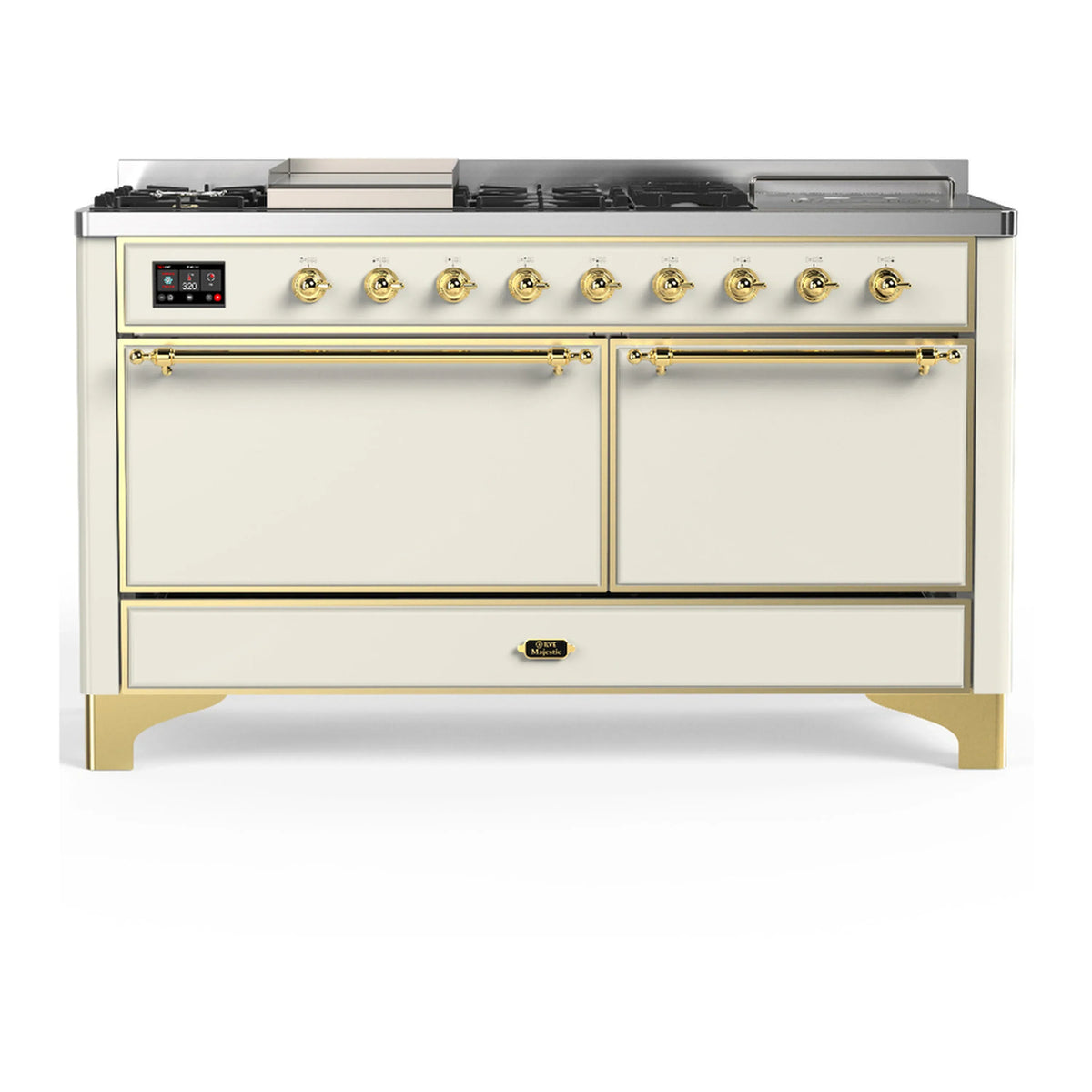 ILVE Majestic III 60-Inch LP Dual Fuel Range, 5 Burners, Griddle, French Top, Solid Door, Antique White, Brass Trim (UM60FSQNR3AWGLP)