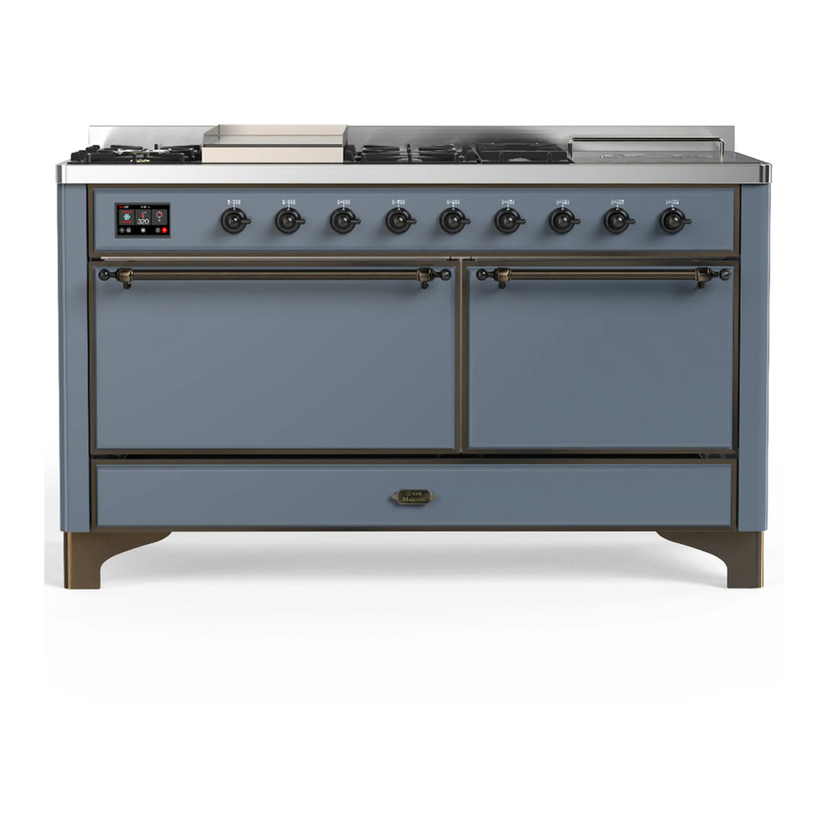 ILVE Majestic III 60-Inch NG Dual Fuel Range, 7 Burners, Griddle, French Top, Solid Door, Blue Grey with Burnished Trim (UM60FSQNR3BGB)