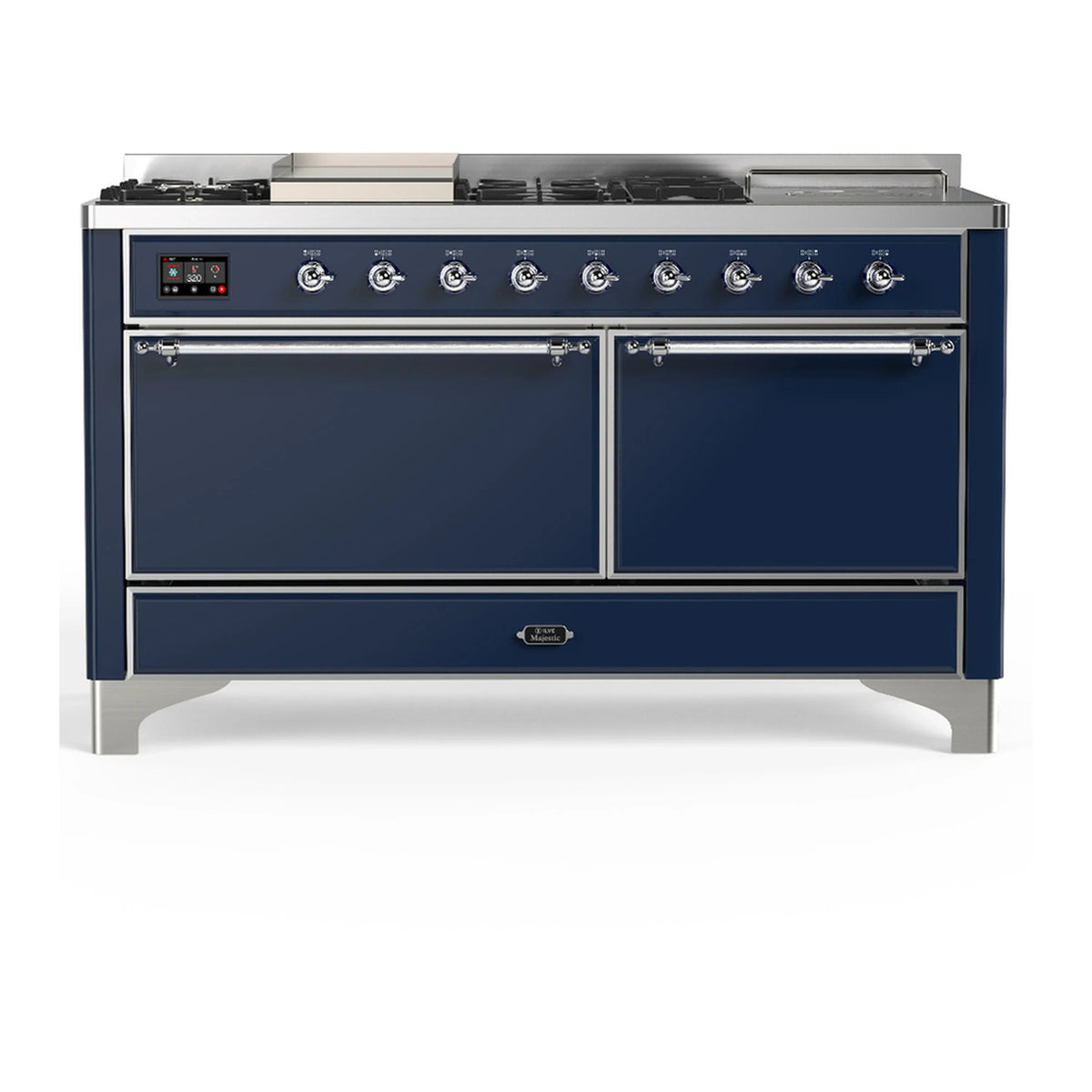 ILVE Majestic III 60-Inch NG Dual Fuel Range, 7 Burners, Griddle, French Top, Solid Door, Midnight Blue with Chrome Trim (UM60FSQNR3MBC)