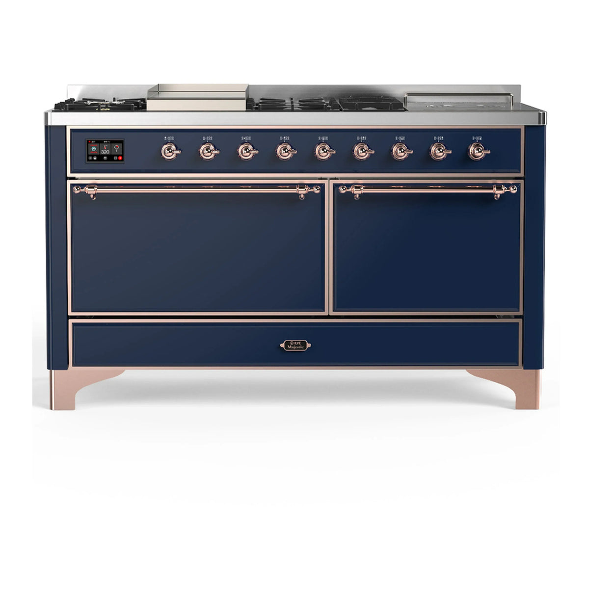ILVE Majestic III 60-Inch NG Dual Fuel Range, 7 Burners, Griddle, French Top, Solid Door, Midnight Blue with Copper Trim (UM60FSQNR3MBP)